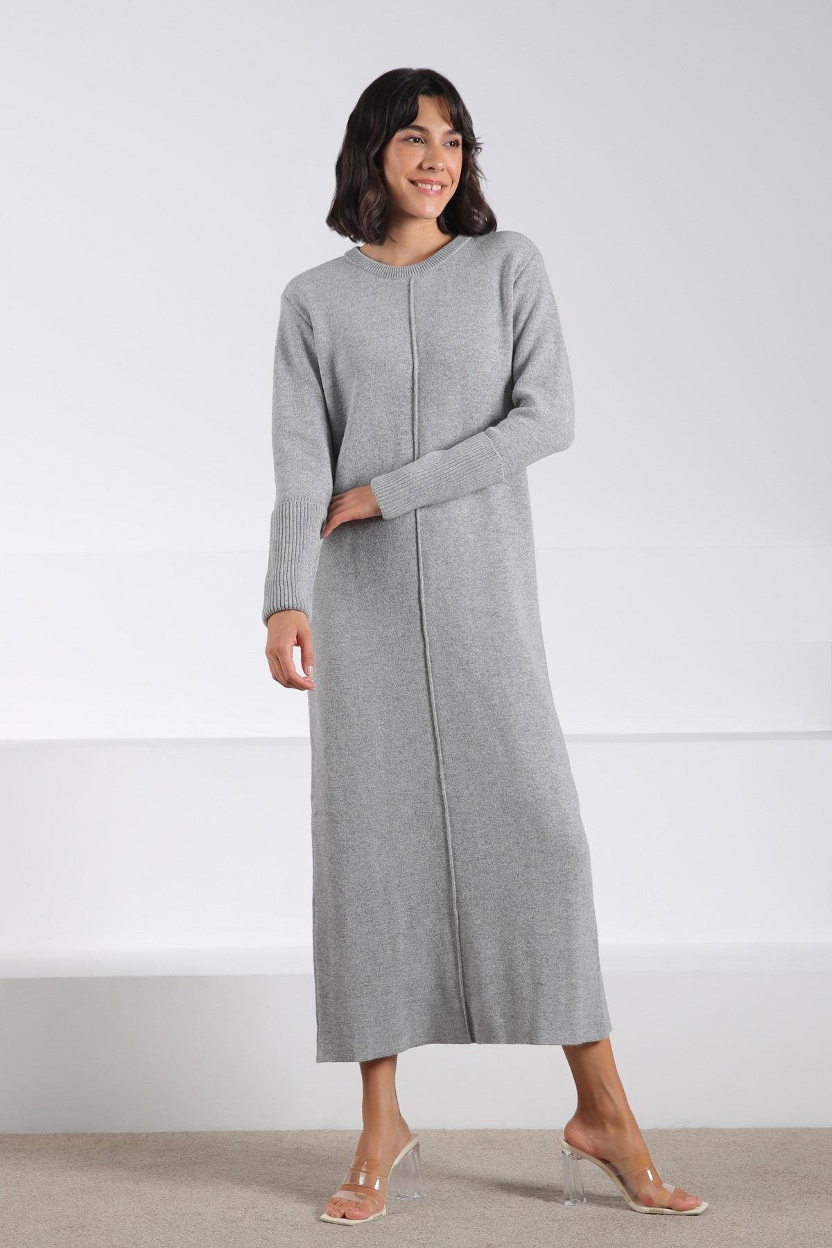 Ferraro A.Gri Arkadan Yırtmaçlı Midi Boy Kaşmirli Kadın Triko Elbise