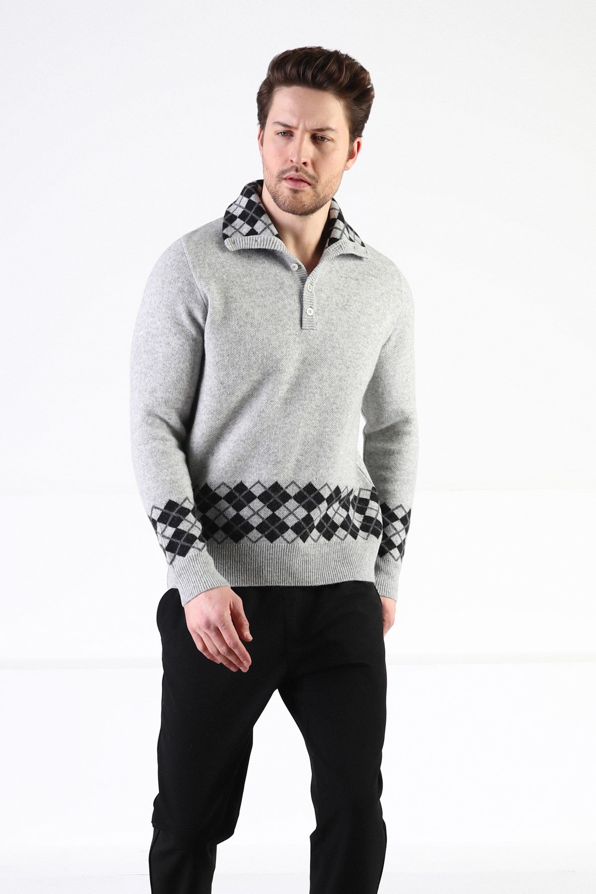 Ferraro A.Gri Düğmeli Dik Yaka %100 Kuzu Yünü Erkek Kazak