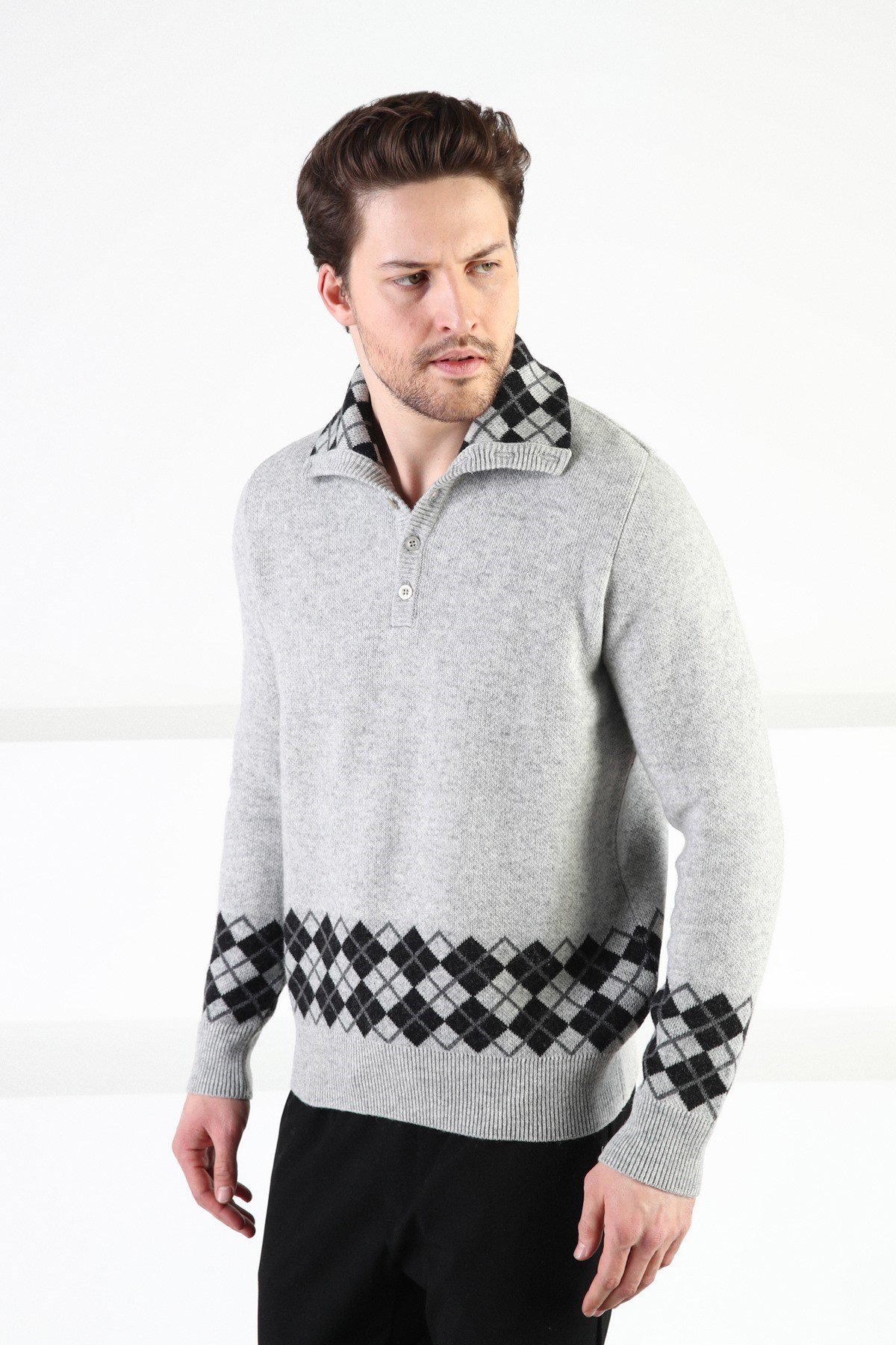 Ferraro A.Gri Düğmeli Dik Yaka %100 Kuzu Yünü Erkek Kazak