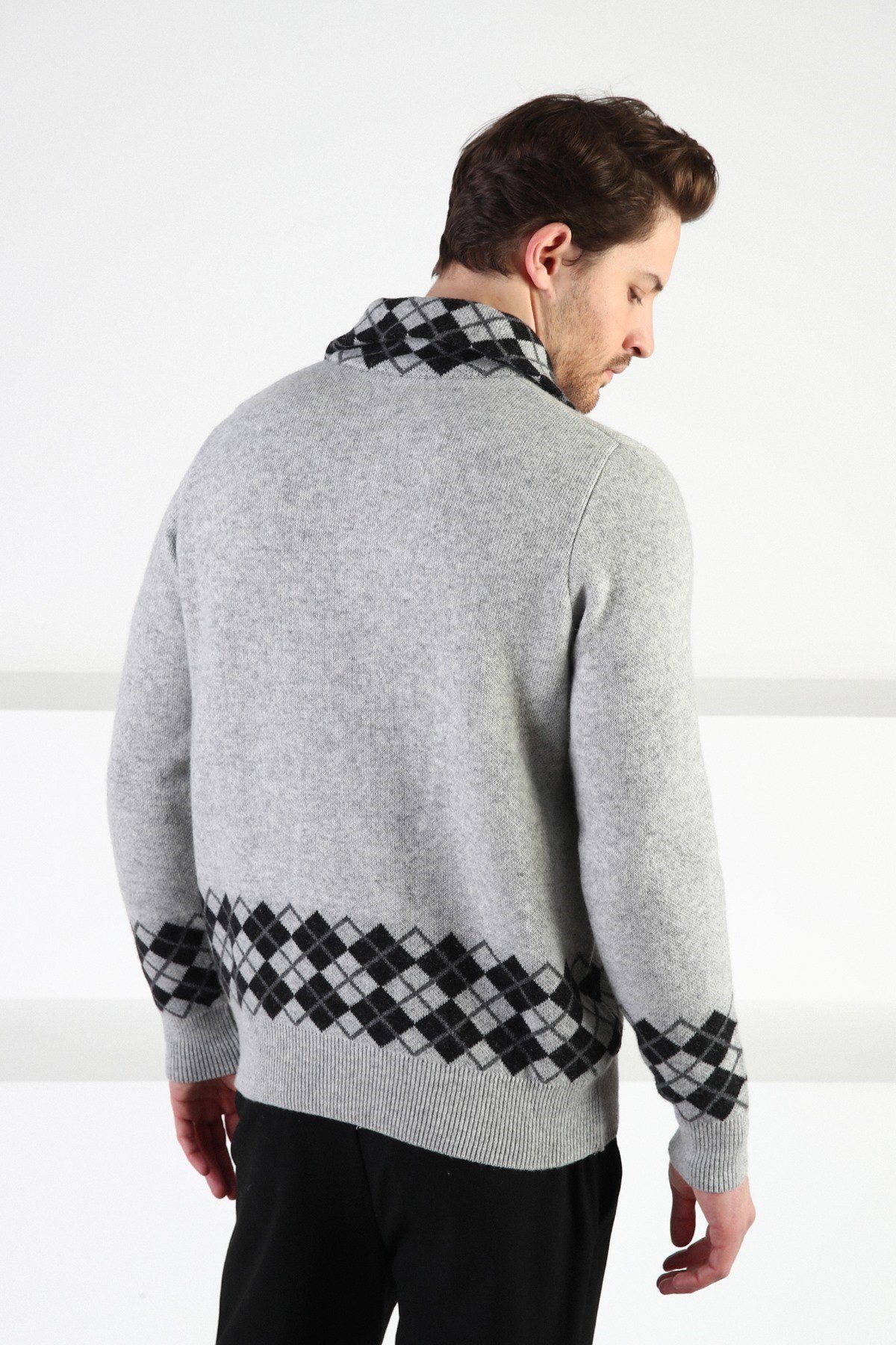 Ferraro A.Gri Düğmeli Dik Yaka %100 Kuzu Yünü Erkek Kazak