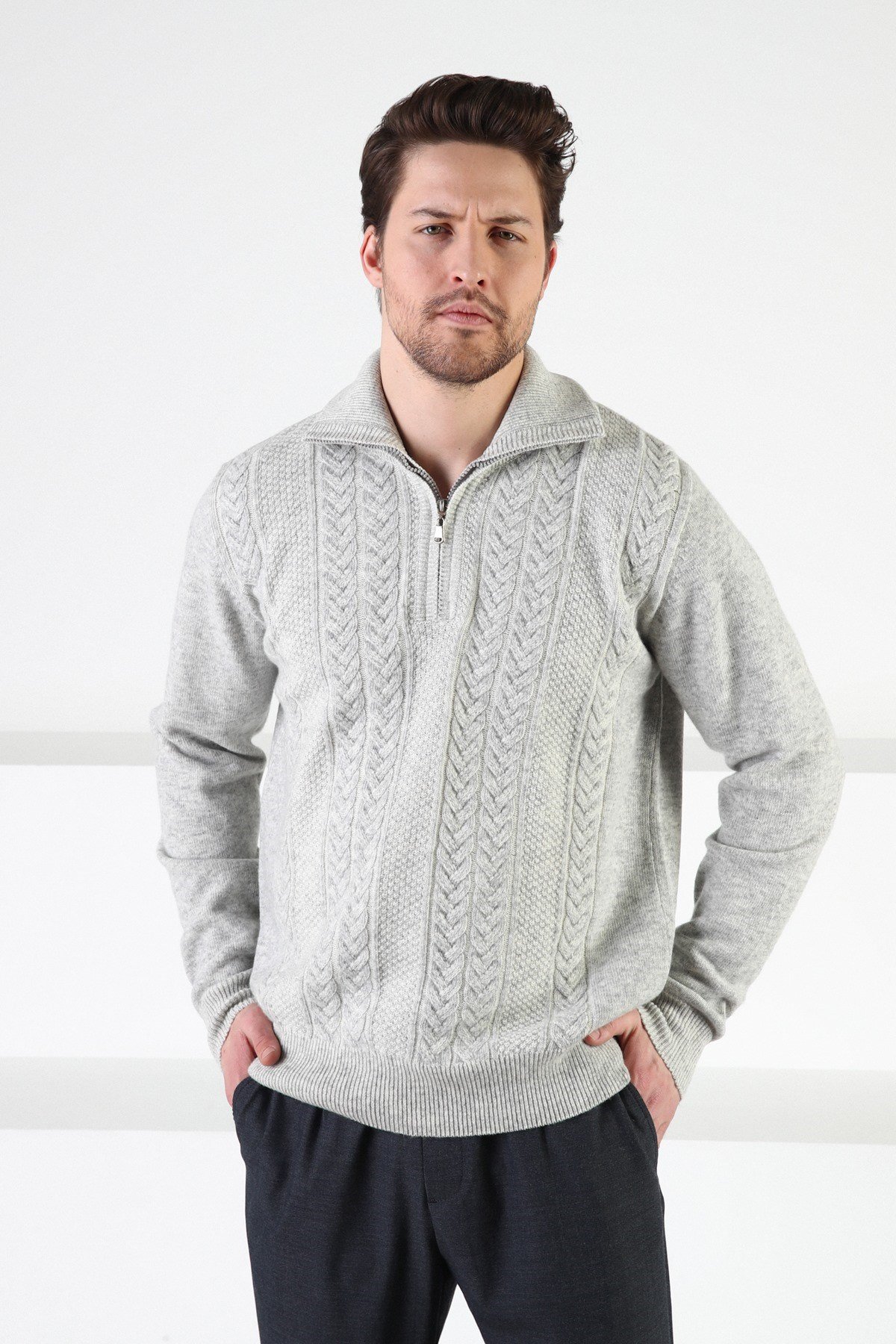 Ferraro A.Gri Fermuarlı Dik Yaka %100 Kuzu Yünü Erkek Kazak