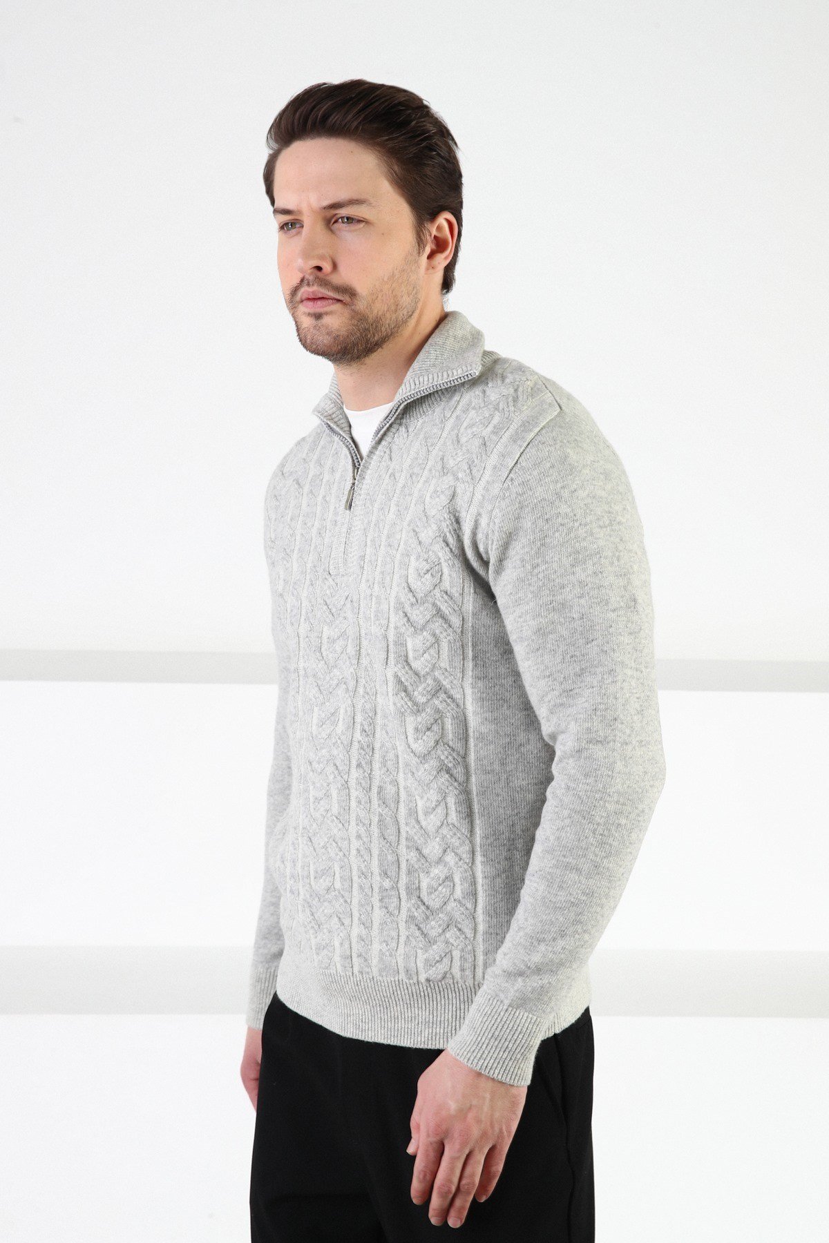 Ferraro A.Gri Fermuarlı Dik Yaka %100 Kuzu Yünü Erkek Kazak