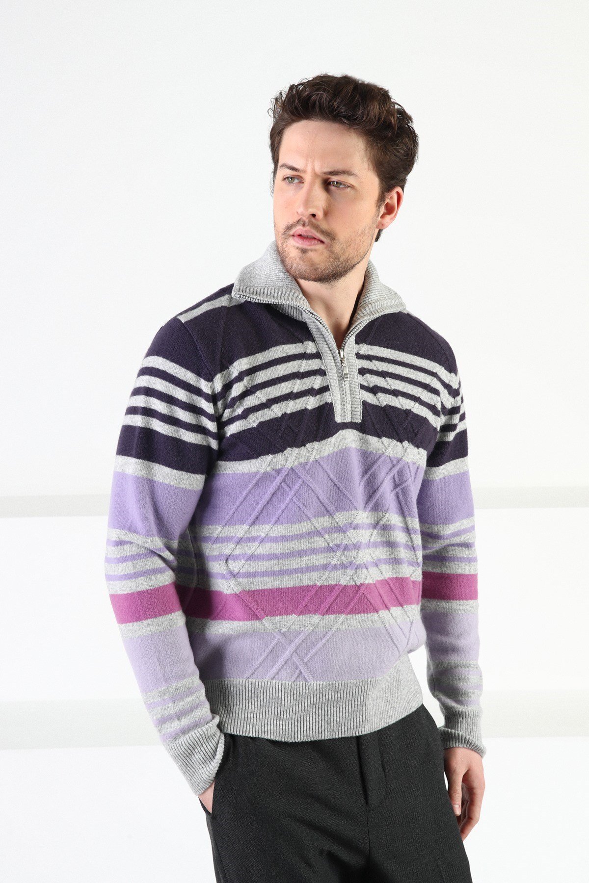 Ferraro A.Gri Fermuarlı Dik Yaka %100 Kuzu Yünü Erkek Kazak