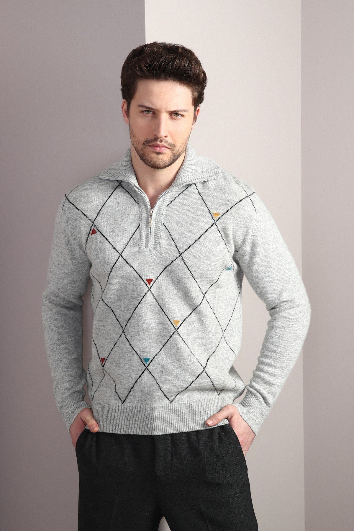 Ferraro A.Gri Fermuarlı Dik Yaka %100 Kuzu Yünü Erkek Kazak