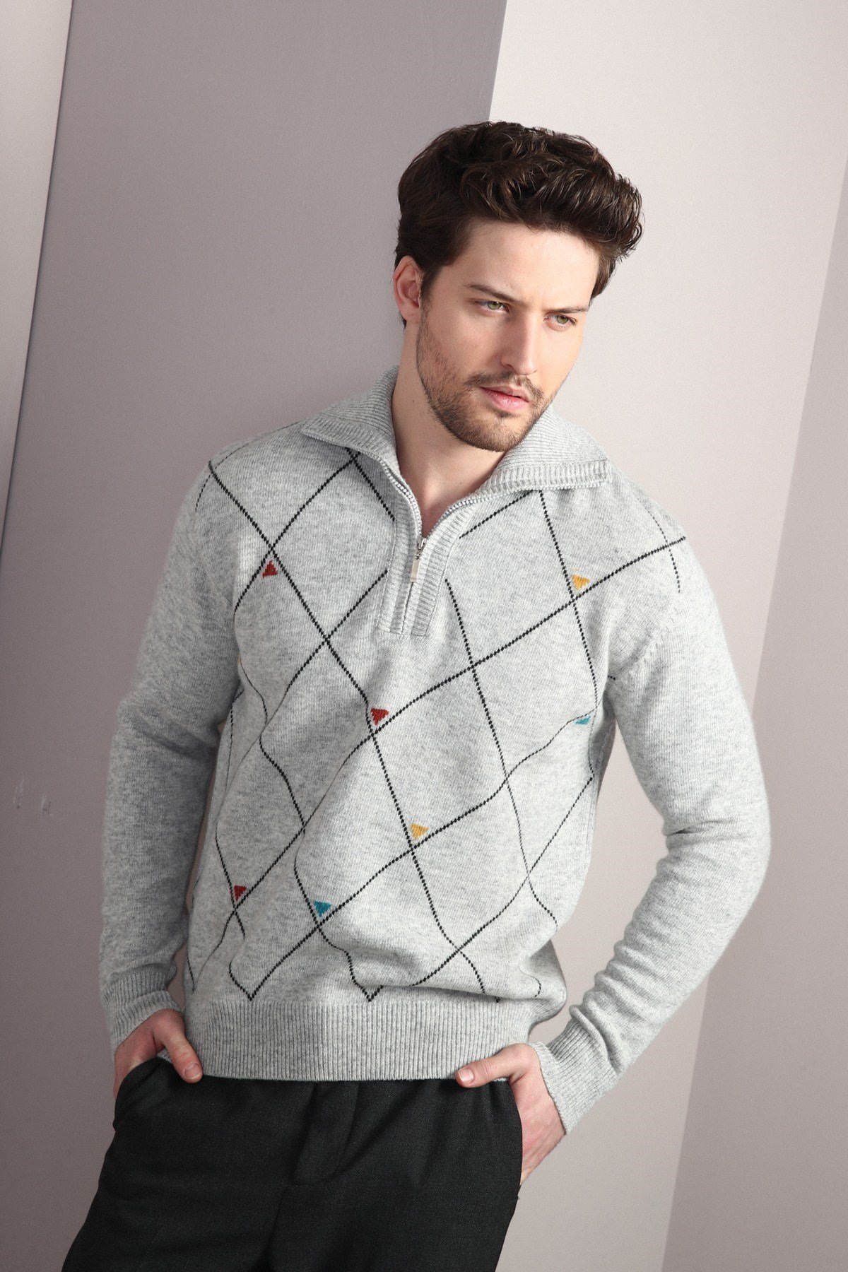 Ferraro A.Gri Fermuarlı Dik Yaka %100 Kuzu Yünü Erkek Kazak