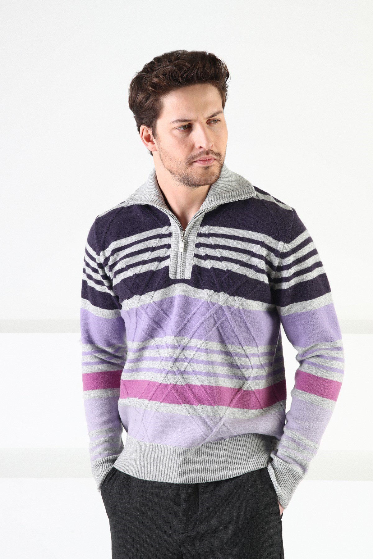 Ferraro A.Gri Fermuarlı Dik Yaka %100 Kuzu Yünü Erkek Kazak