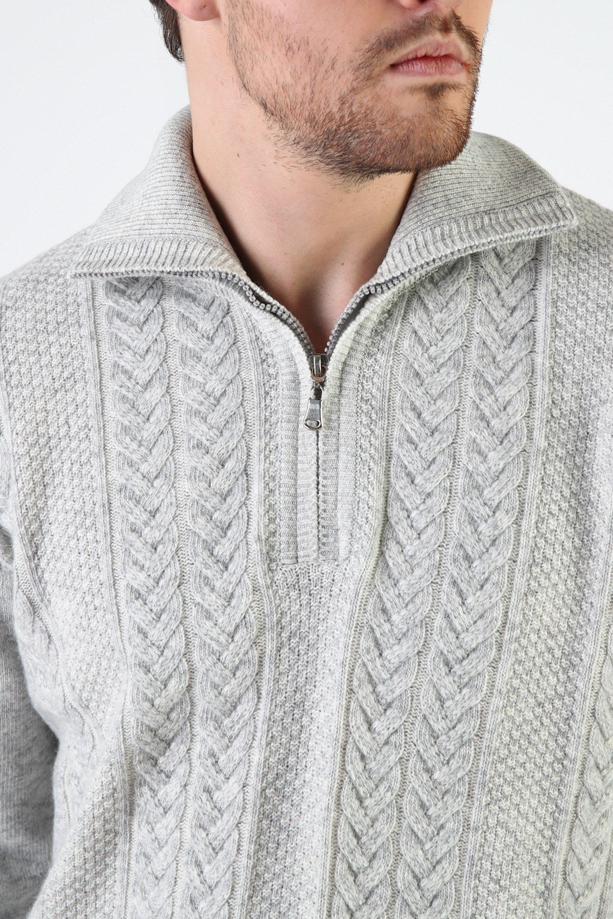 Ferraro A.Gri Fermuarlı Dik Yaka %100 Kuzu Yünü Erkek Kazak