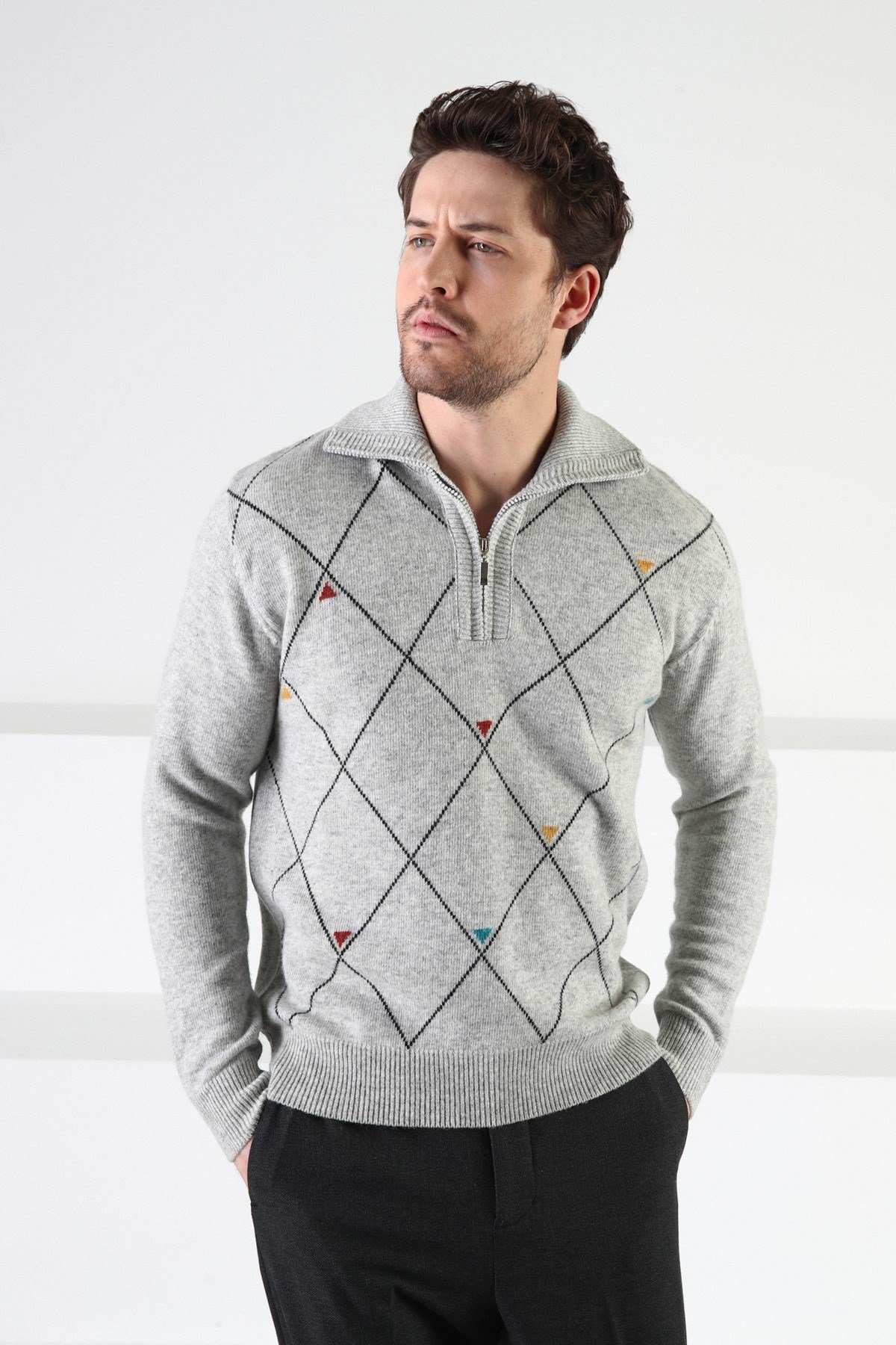 Ferraro A.Gri Fermuarlı Dik Yaka %100 Kuzu Yünü Erkek Kazak