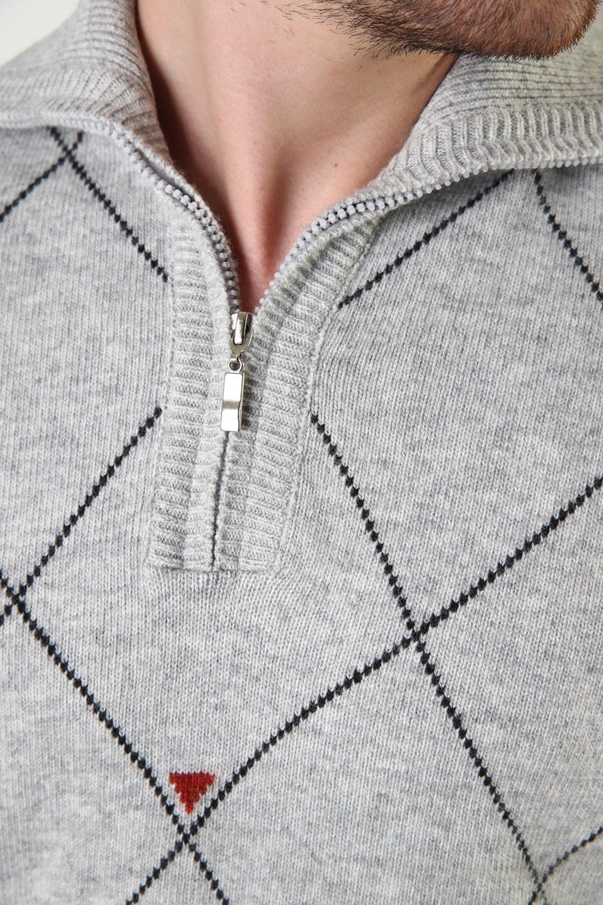 Ferraro A.Gri Fermuarlı Dik Yaka %100 Kuzu Yünü Erkek Kazak