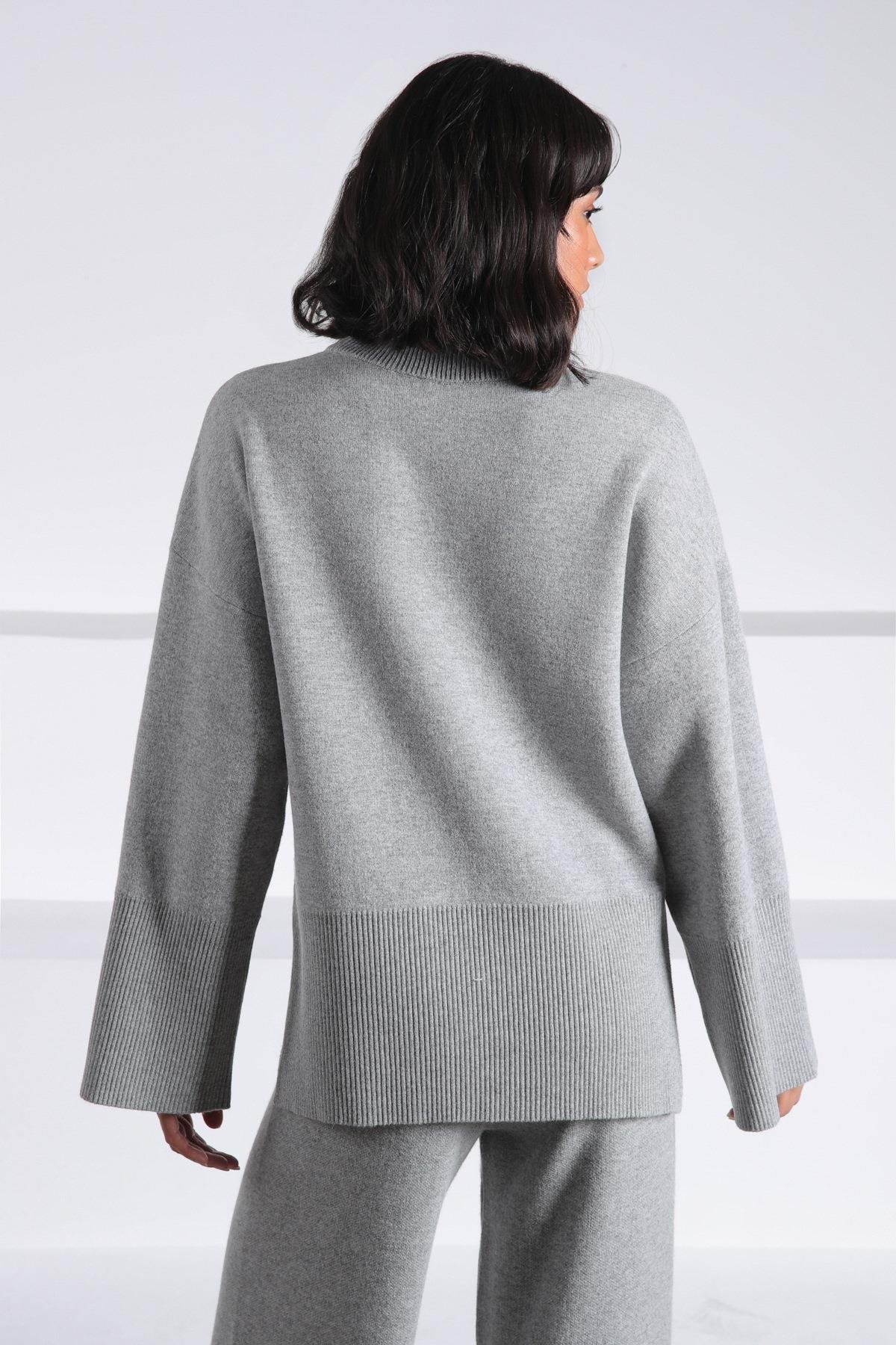 Ferraro A.Gri Uzun Kollu Bisiklet Yaka Kaşmirli Kadın Triko Kazak