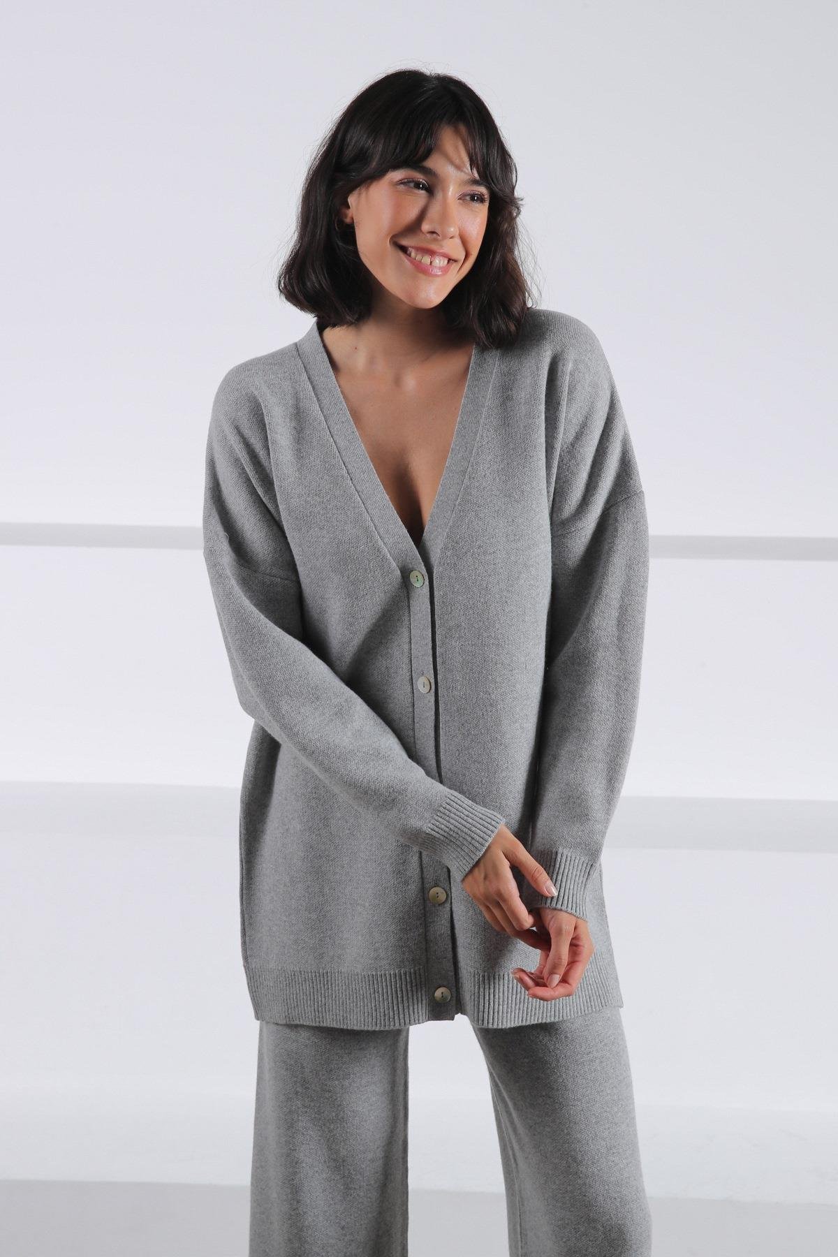 Ferraro A.Gri Uzun Kollu Ceket Yaka Kaşmirli Kadın Triko Ceket