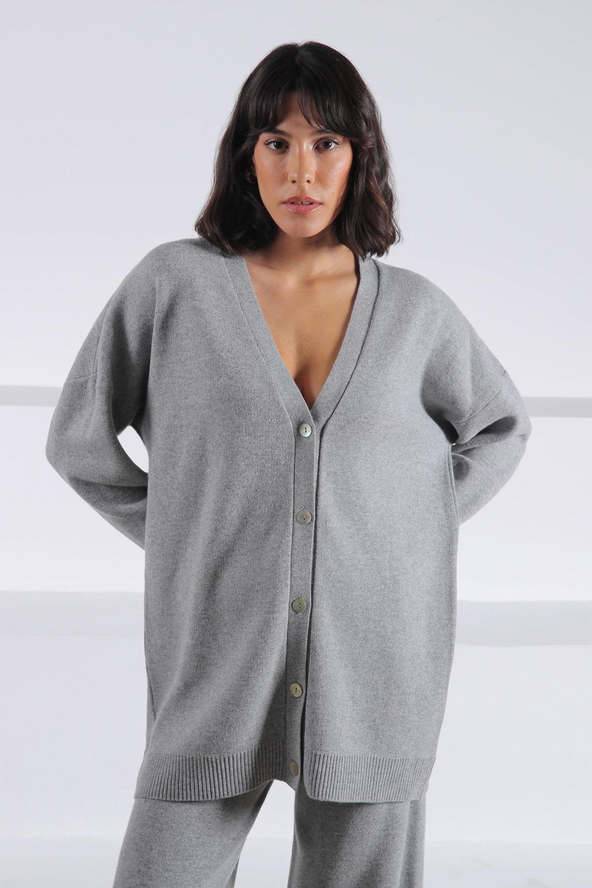 Ferraro A.Gri Uzun Kollu Ceket Yaka Kaşmirli Kadın Triko Ceket