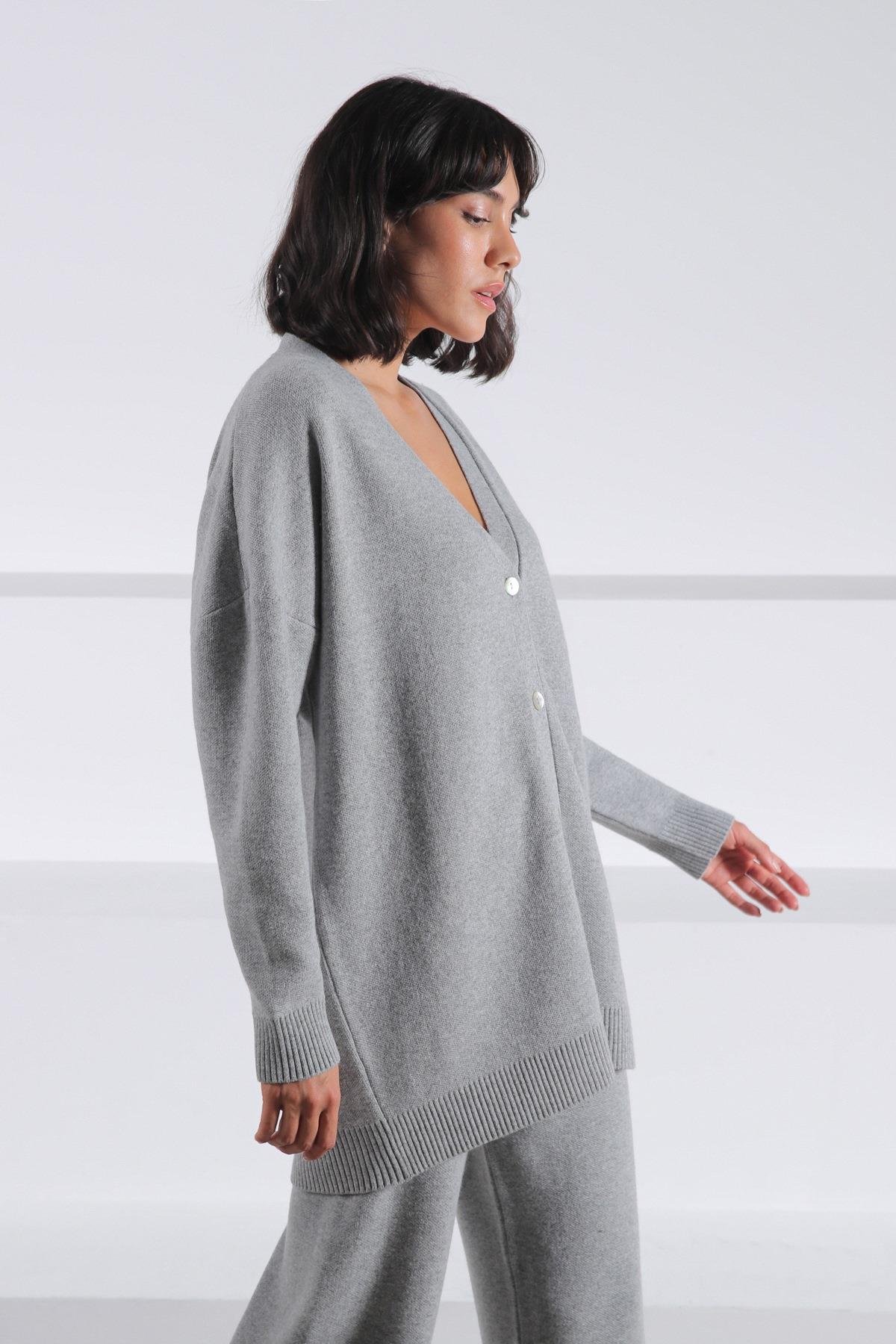Ferraro A.Gri Uzun Kollu Ceket Yaka Kaşmirli Kadın Triko Ceket