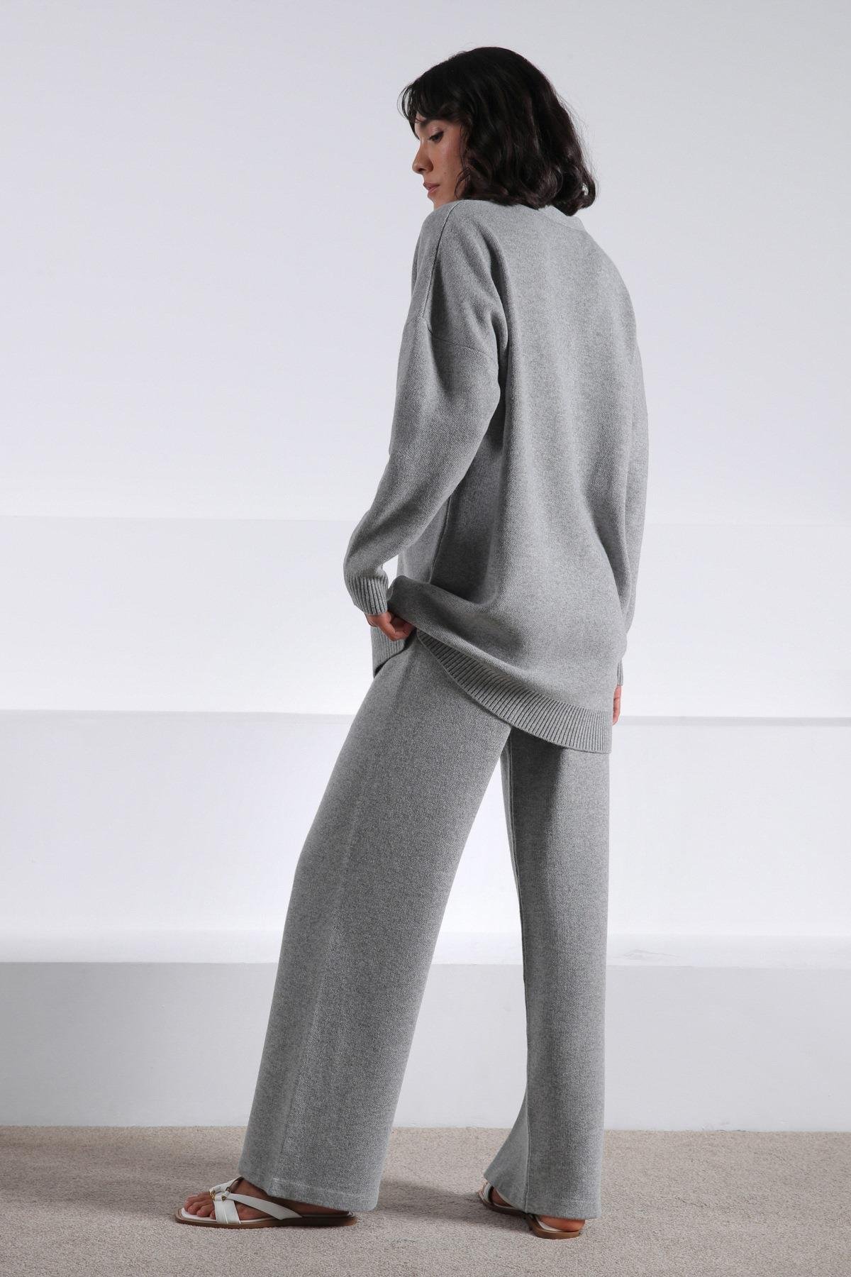 Ferraro A.Gri Uzun Kollu Ceket Yaka Kaşmirli Kadın Triko Ceket