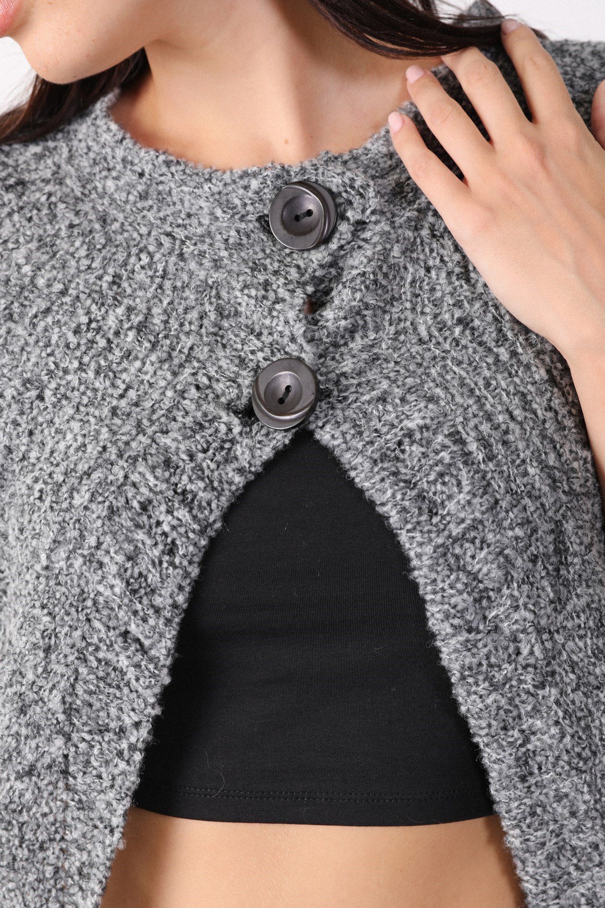 Ferraro A.Gri Yuvarlak Yaka Uzun Kadın Triko Hırka