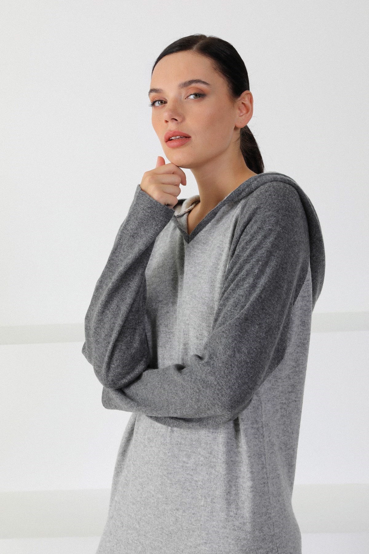 Ferraro A.Gri/Antrasit Kapüşonlu Pamuklu Kadın Triko Elbise