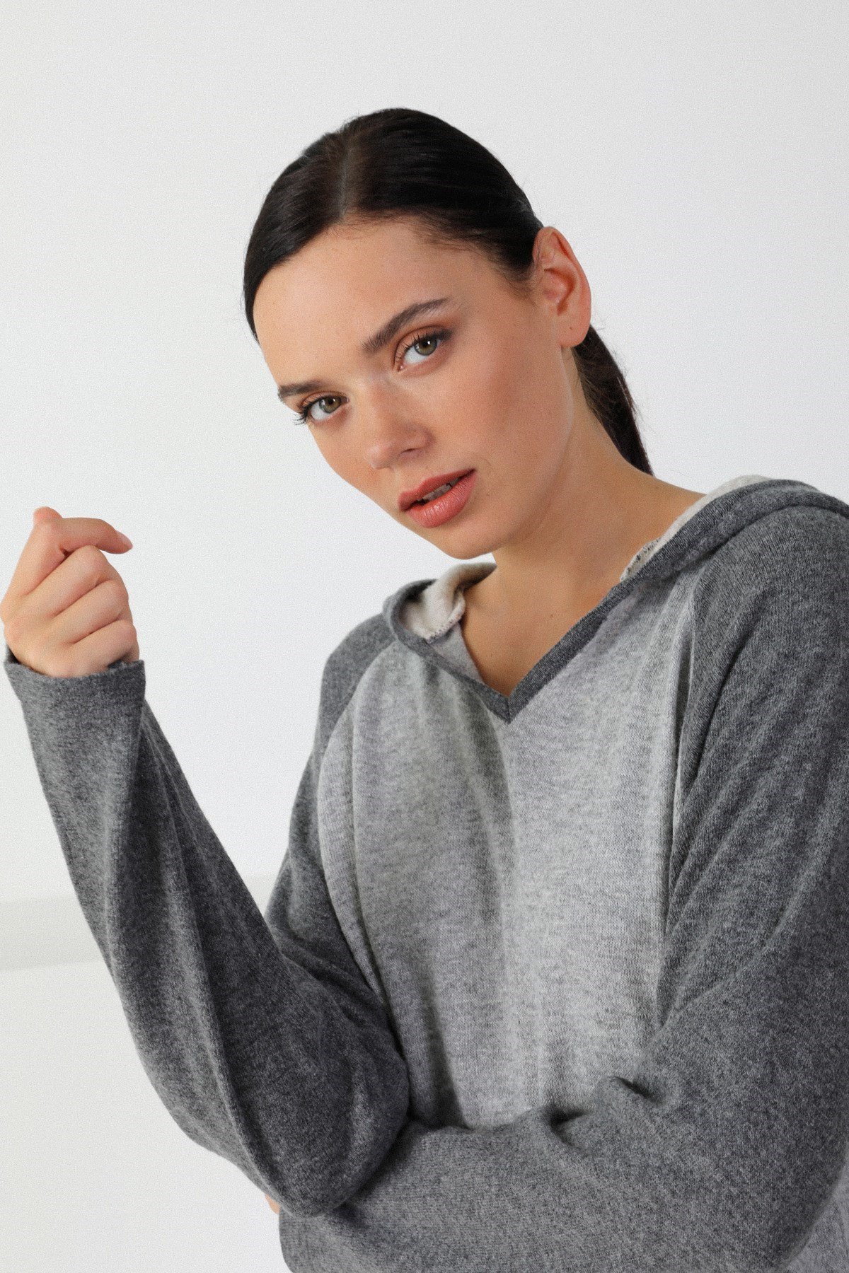 Ferraro A.Gri/Antrasit Kapüşonlu Pamuklu Kadın Triko Elbise