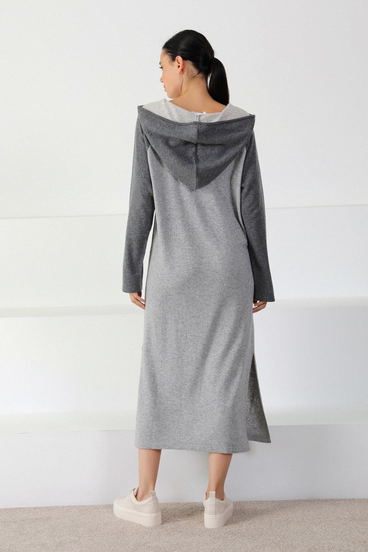 Ferraro A.Gri/Antrasit Kapüşonlu Pamuklu Kadın Triko Elbise