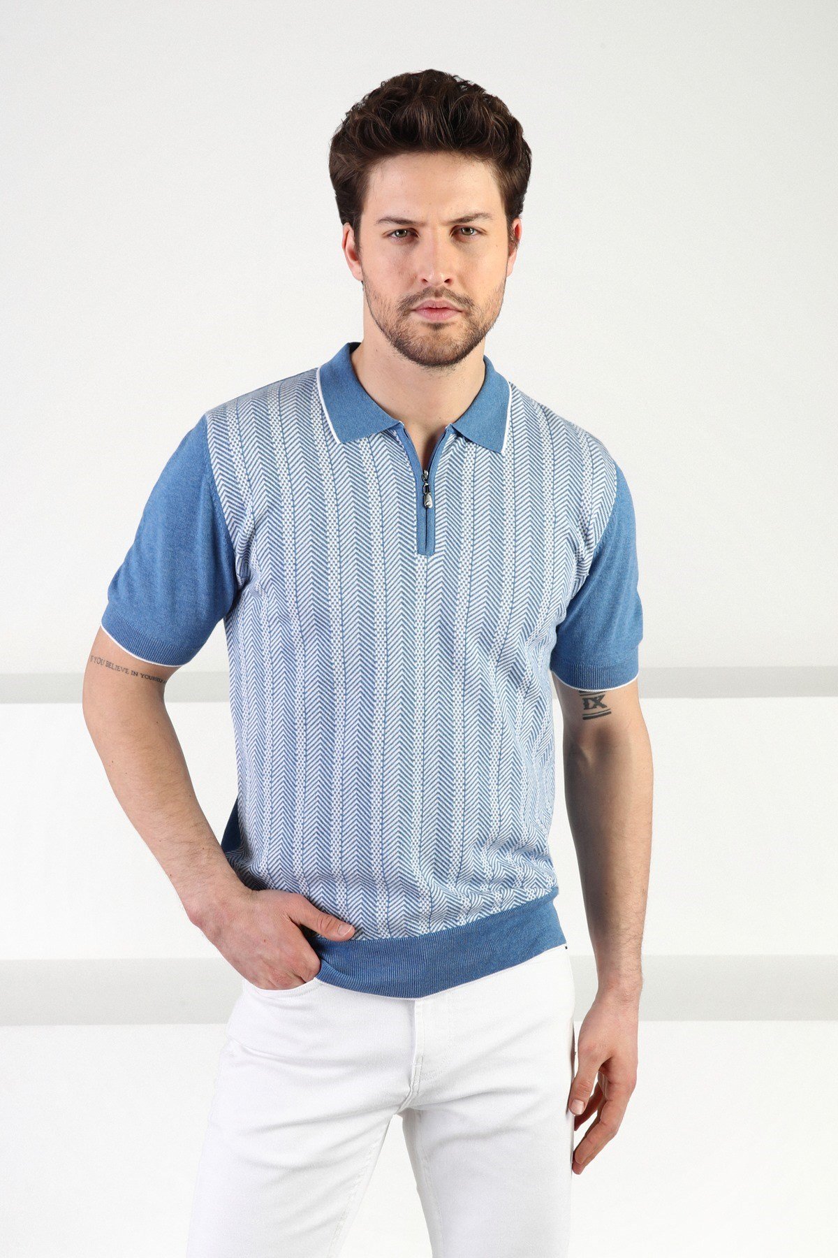 Ferraro A.Havacı/Beyaz Fermuarlı Polo Yaka %100 Pamuk Erkek Triko T-Shirt