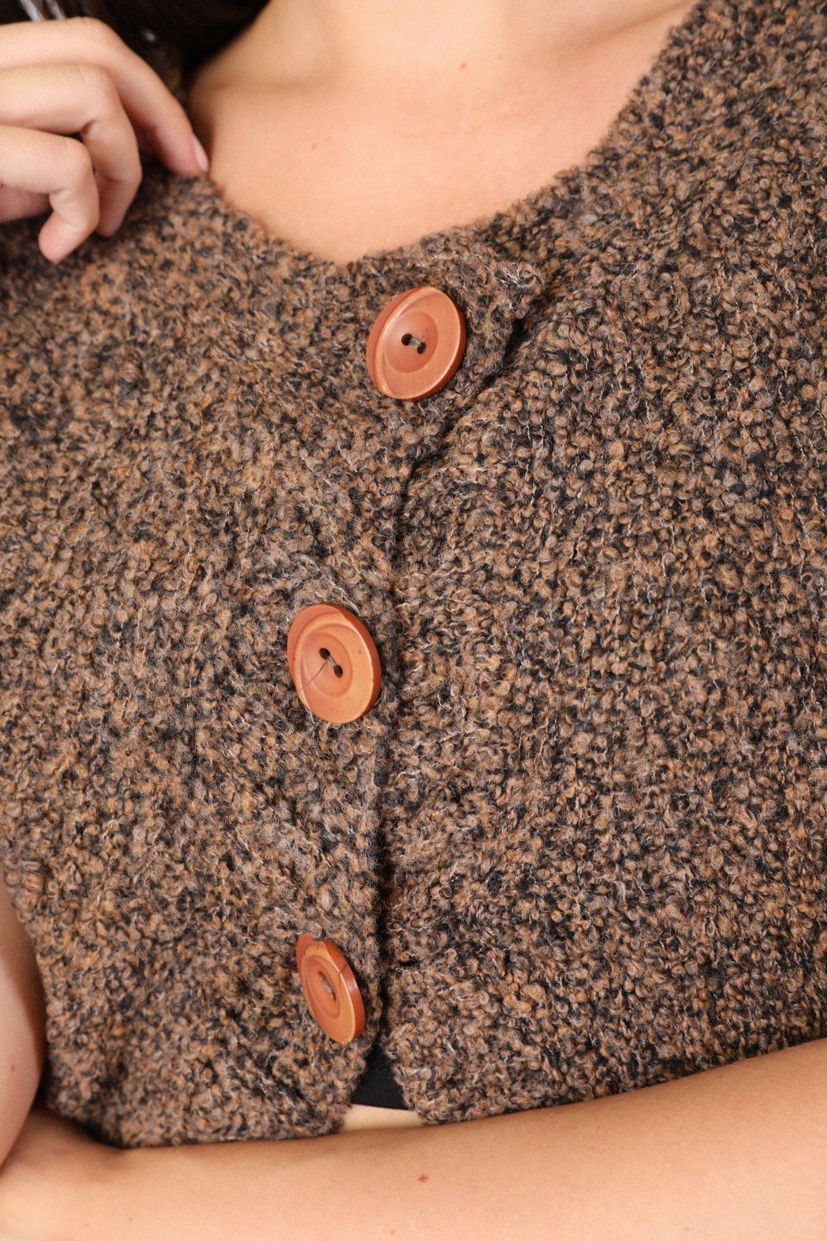 Ferraro A.Kahve Yuvarlak Yaka Uzun Kadın Triko Hırka