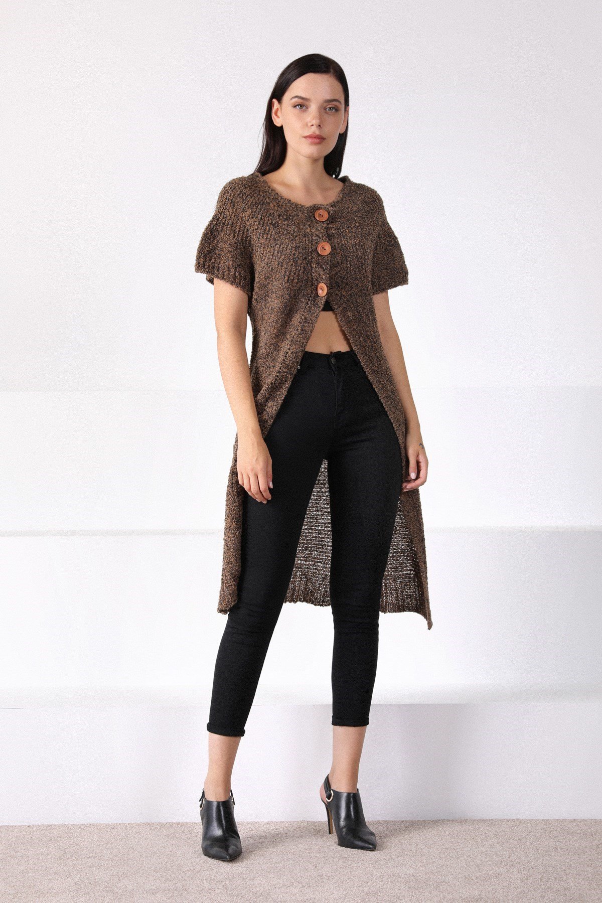 Ferraro A.Kahve Yuvarlak Yaka Uzun Kadın Triko Hırka