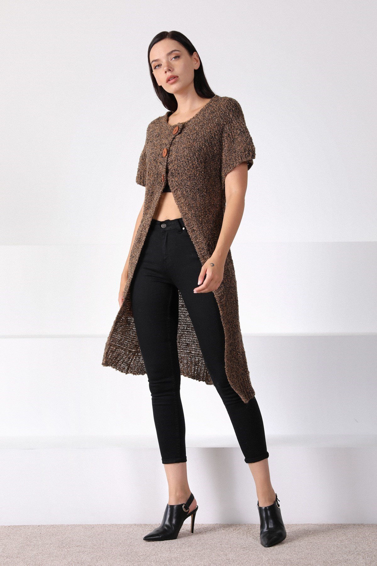 Ferraro A.Kahve Yuvarlak Yaka Uzun Kadın Triko Hırka