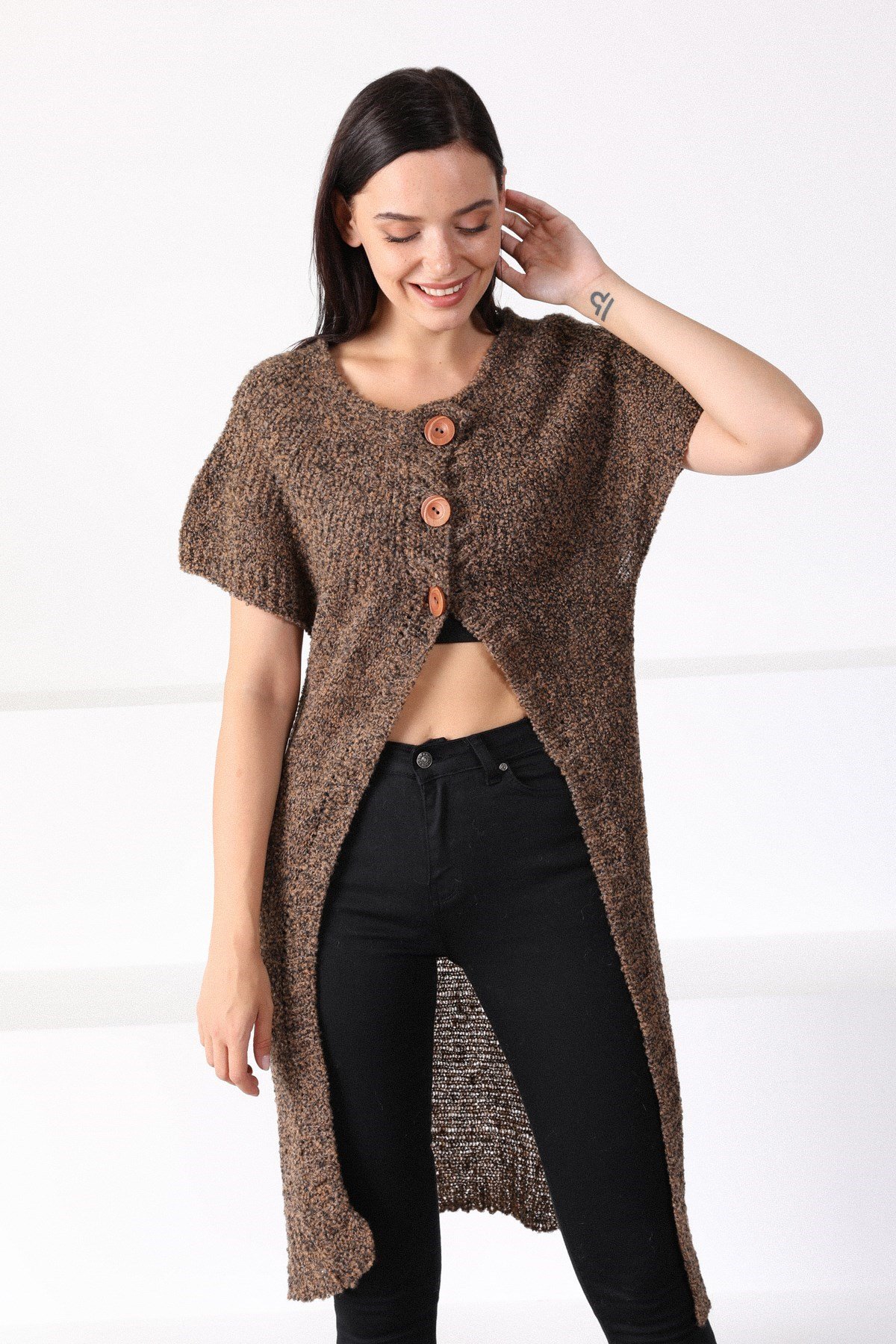 Ferraro A.Kahve Yuvarlak Yaka Uzun Kadın Triko Hırka