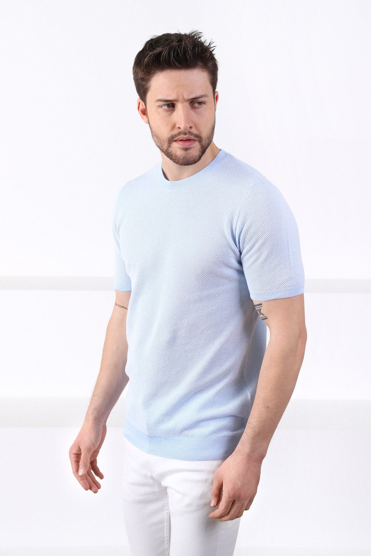 Ferraro A.Mavi/Beyaz Kuşgözü Desenli Bisiklet Yaka Erkek Triko T-Shirt