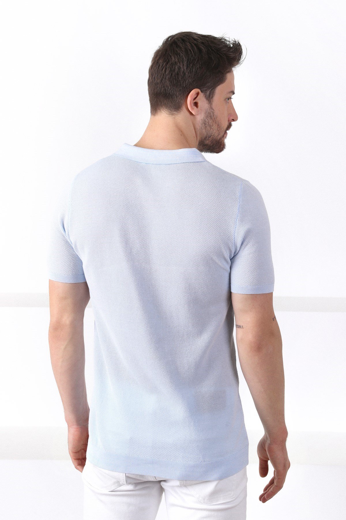 Ferraro A.Mavi/Beyaz Kuşgözü Desenli Polo Yaka Erkek Triko T-Shirt