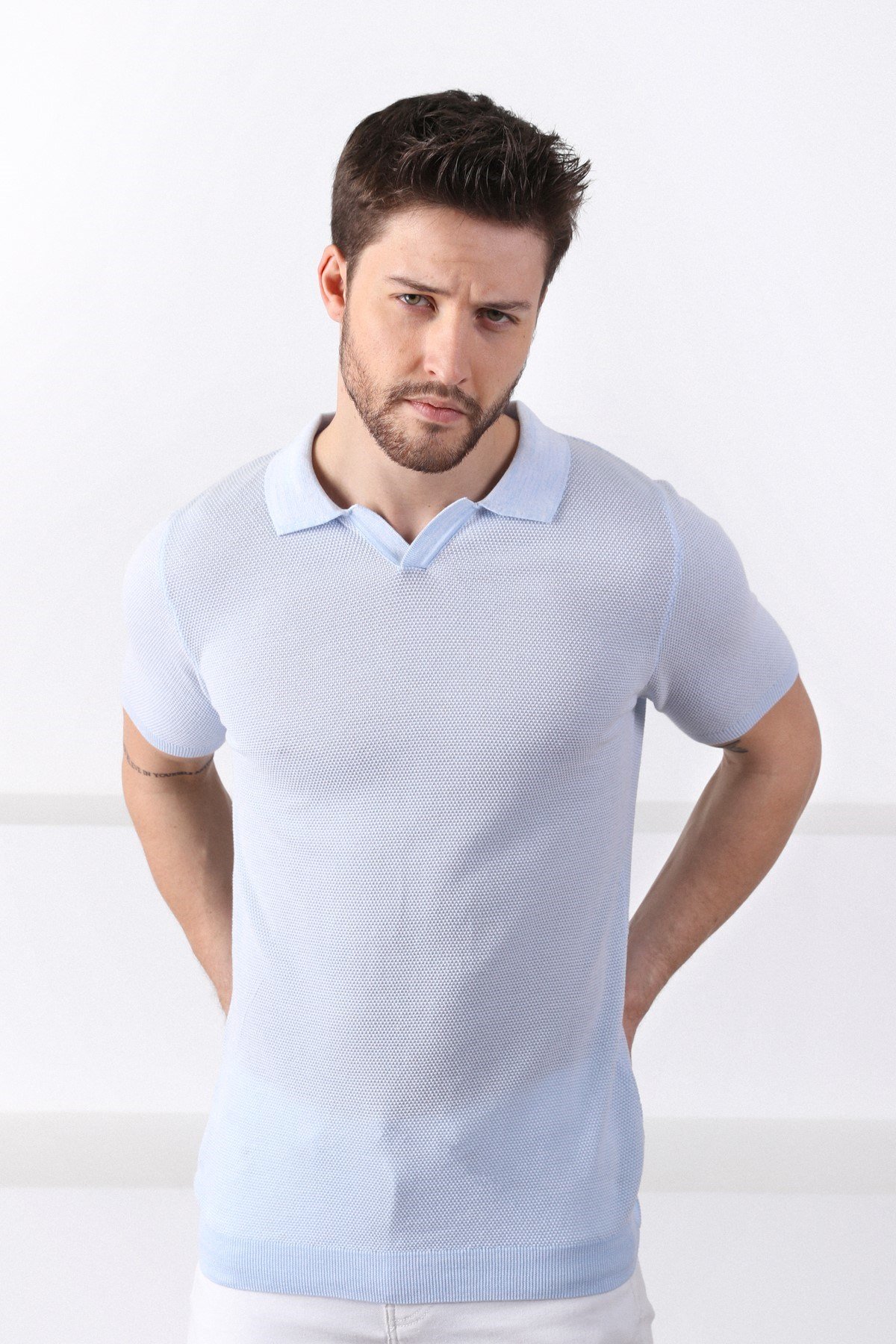 Ferraro A.Mavi/Beyaz Kuşgözü Desenli Polo Yaka Erkek Triko T-Shirt