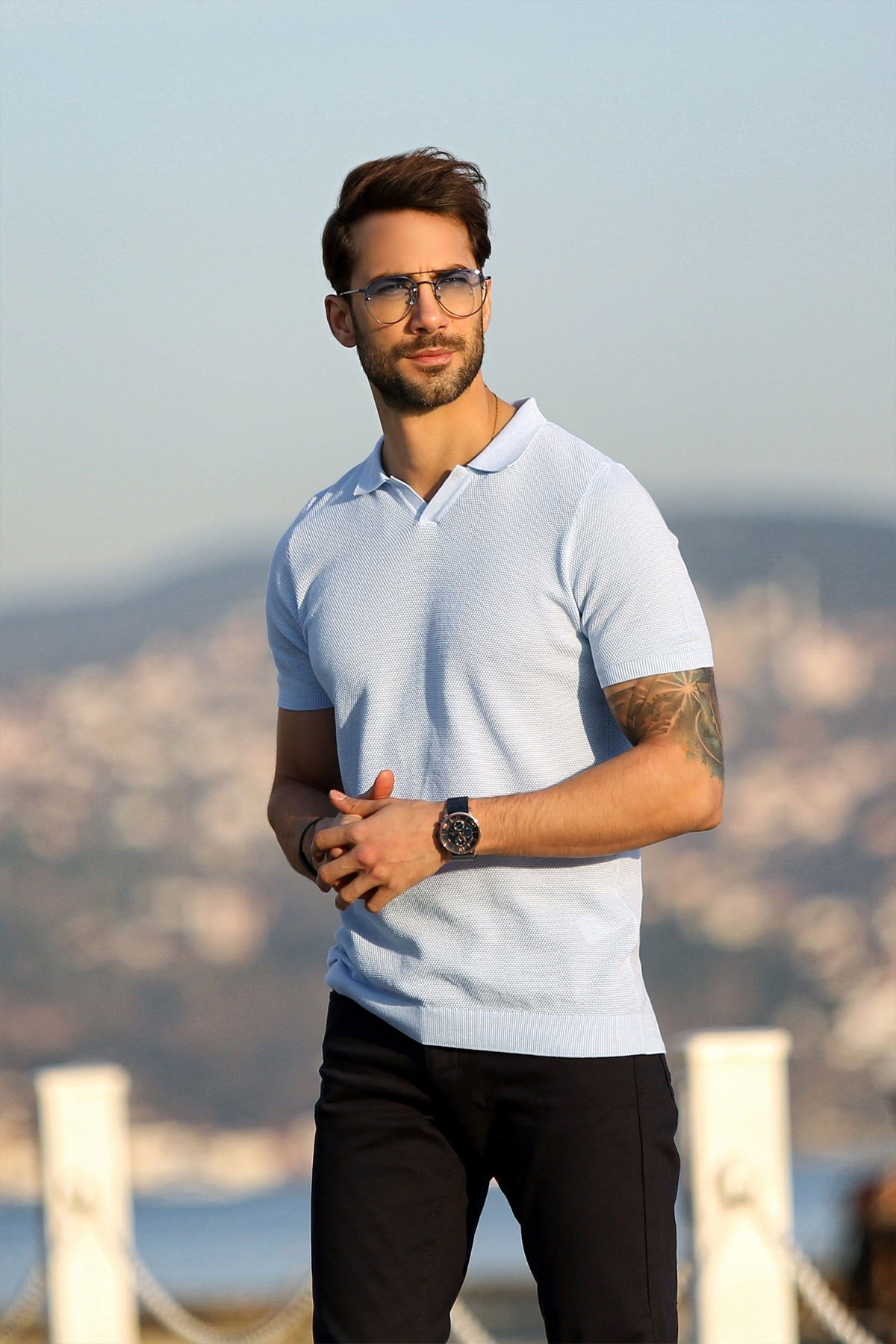 Ferraro A.Mavi/Beyaz Kuşgözü Desenli Polo Yaka Erkek Triko T-Shirt