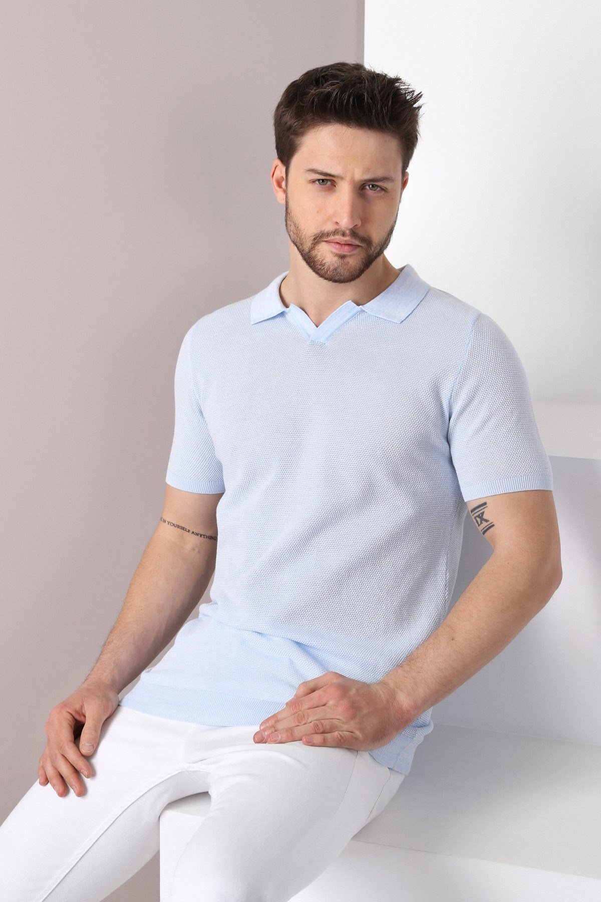 Ferraro A.Mavi/Beyaz Kuşgözü Desenli Polo Yaka Erkek Triko T-Shirt