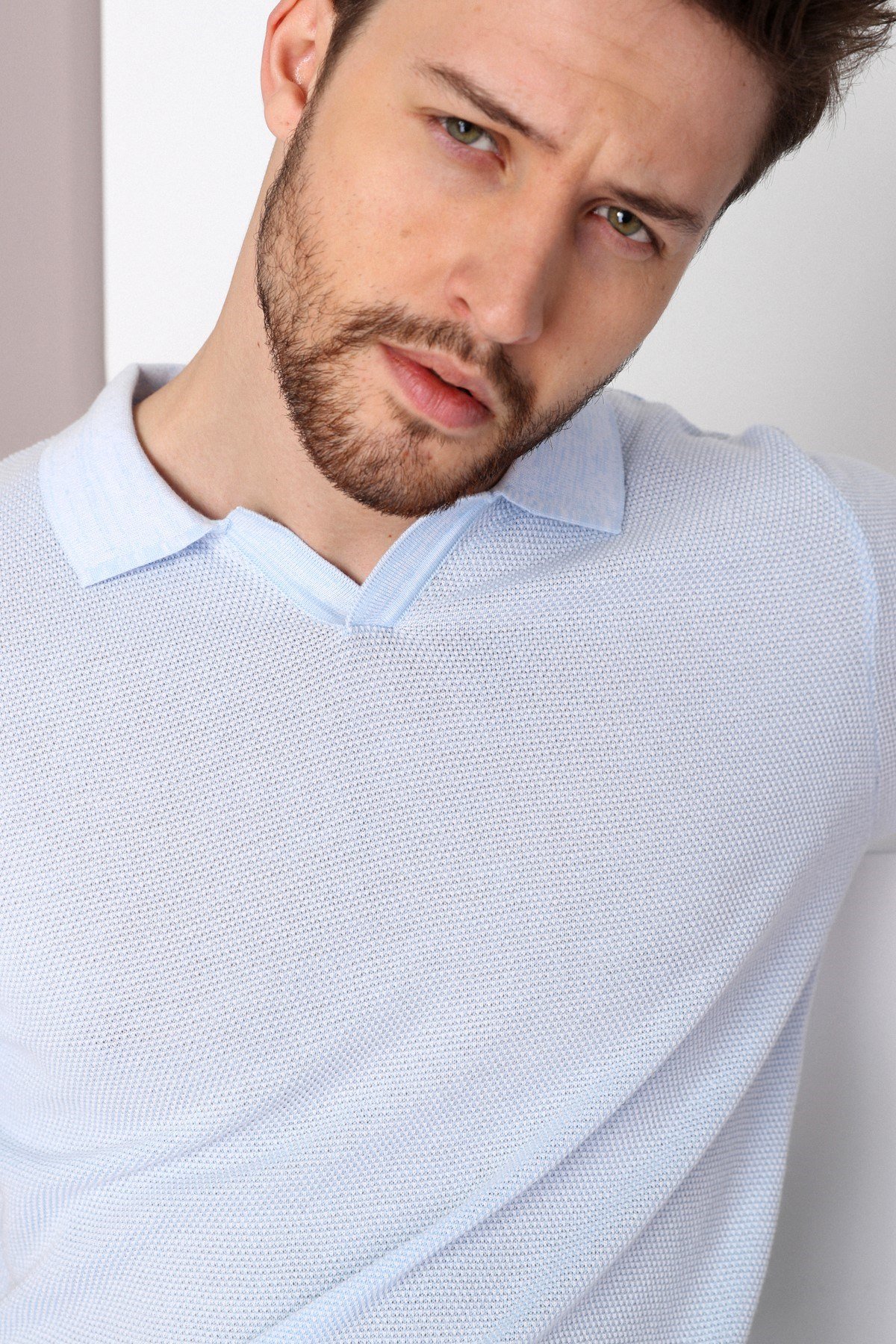 Ferraro A.Mavi/Beyaz Kuşgözü Desenli Polo Yaka Erkek Triko T-Shirt