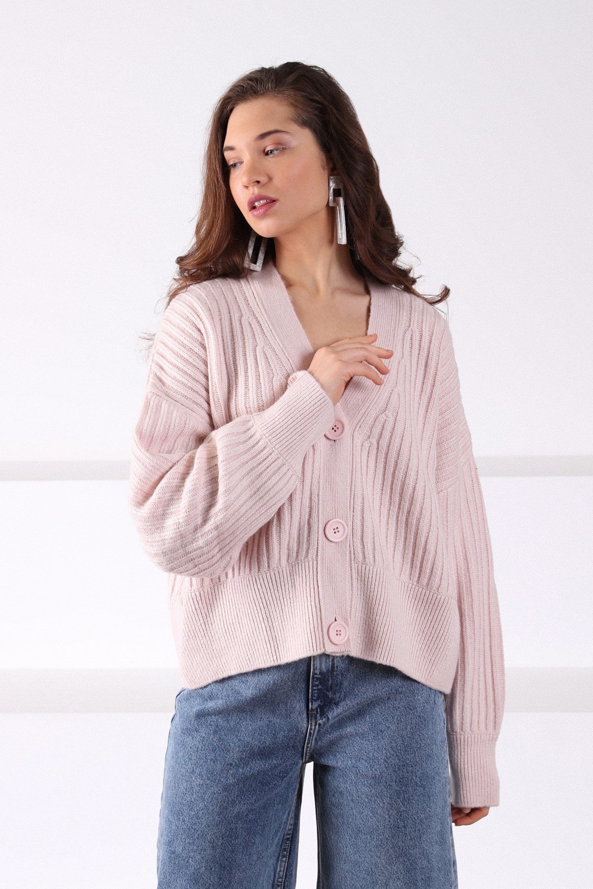 Ferraro A.Pembe Düşük Omuz Yün Kadın Triko Hırka