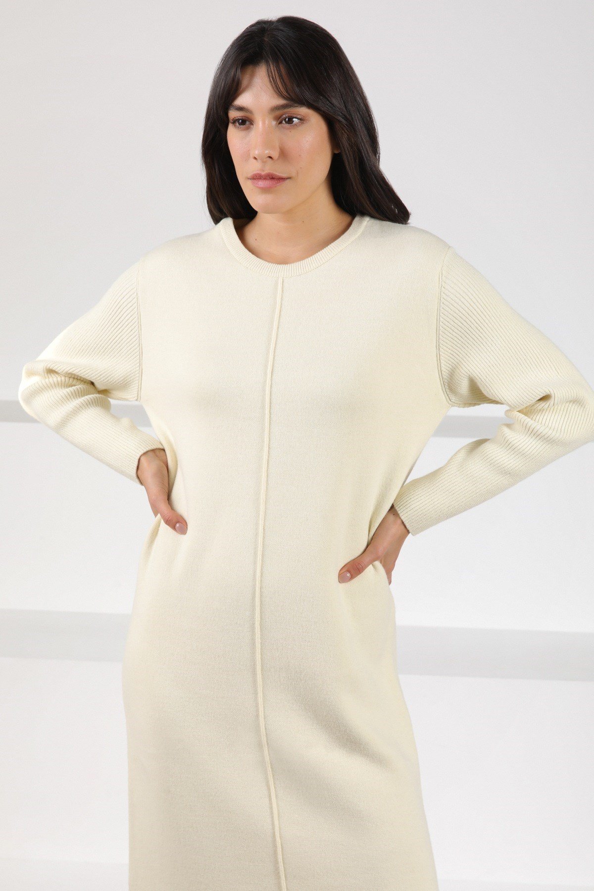 Ferraro A.Sarı Yandan Yırtmaçlı Midi Boy Kaşmirli Kadın Triko Elbise