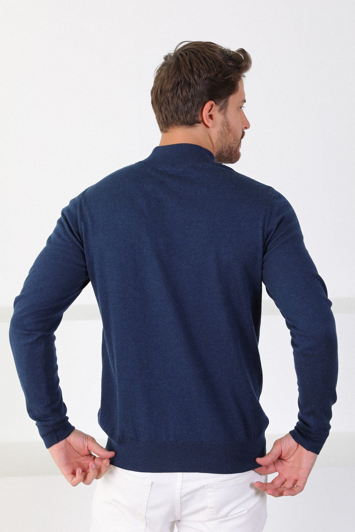 Ferraro Açık Lacivert Dik Yaka Düz Renk Pamuk Erkek Kazak