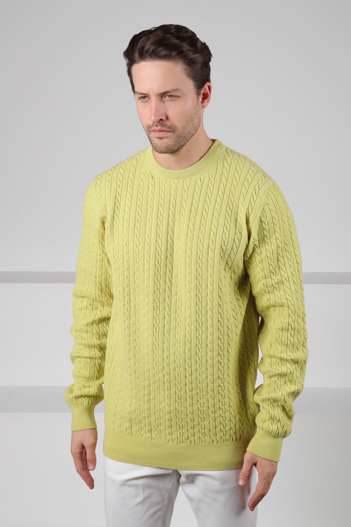 Ferraro Açık Yeşil Bisiklet Yaka Kabartmalı Saç Örgü Desenli Uzun Kollu %100 Kuzu Yünü Erkek Triko Kazak