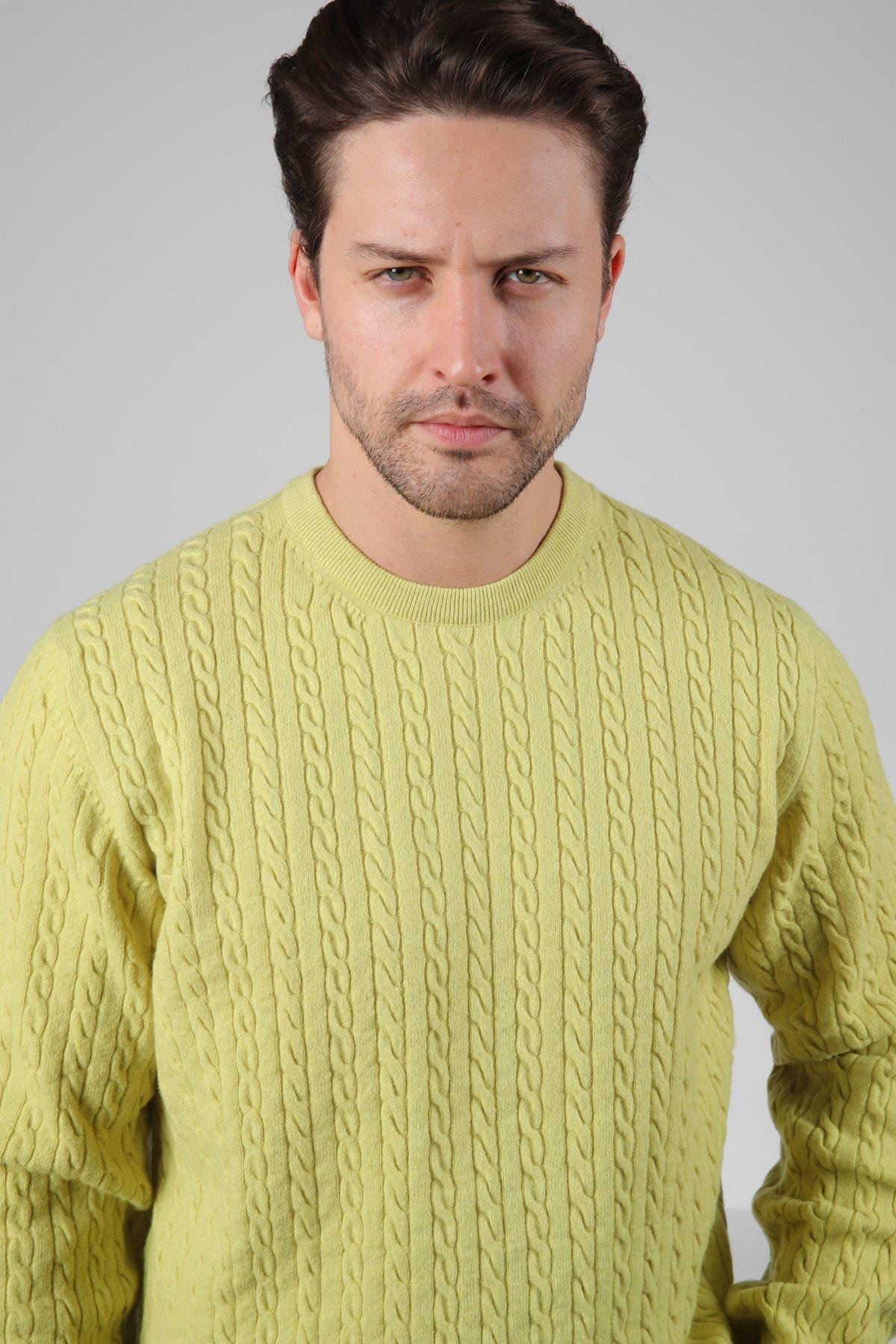 Ferraro Açık Yeşil Bisiklet Yaka Kabartmalı Saç Örgü Desenli Uzun Kollu %100 Kuzu Yünü Erkek Triko Kazak