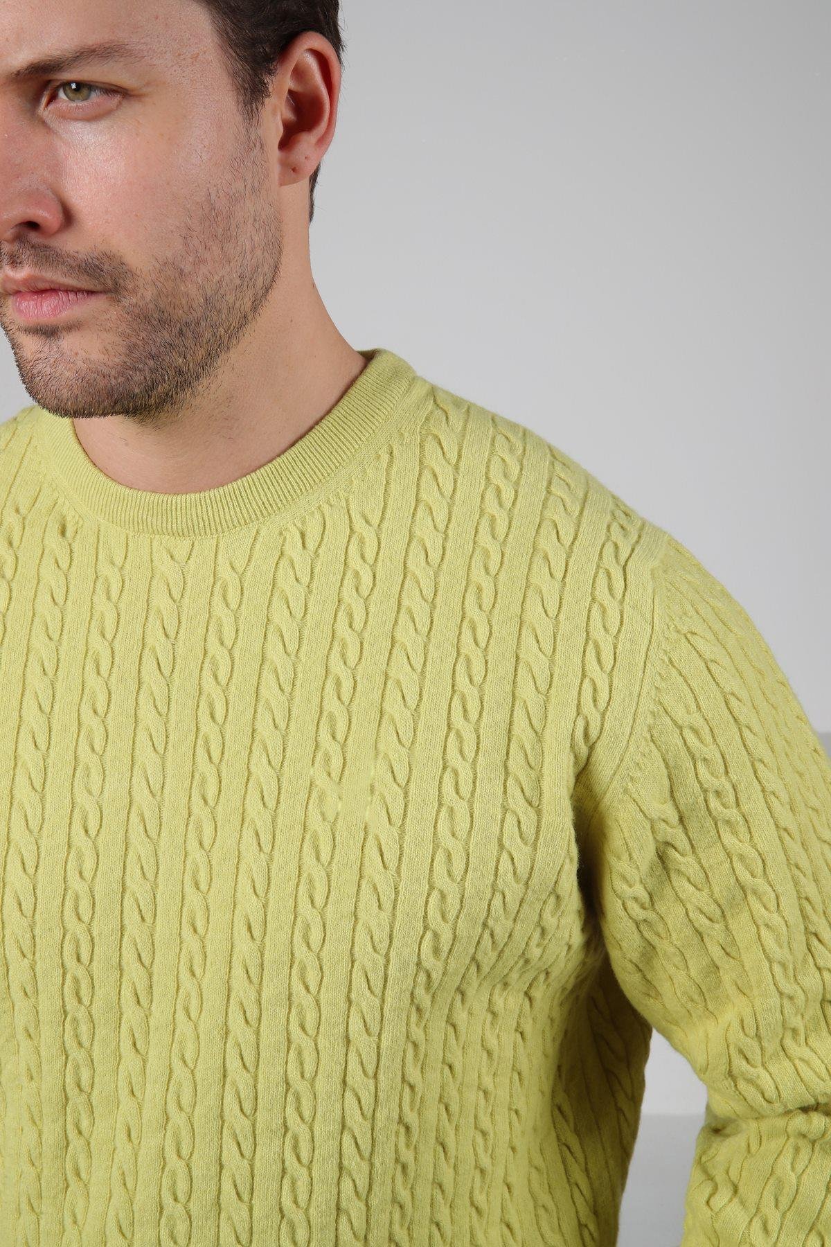 Ferraro Açık Yeşil Bisiklet Yaka Kabartmalı Saç Örgü Desenli Uzun Kollu %100 Kuzu Yünü Erkek Triko Kazak