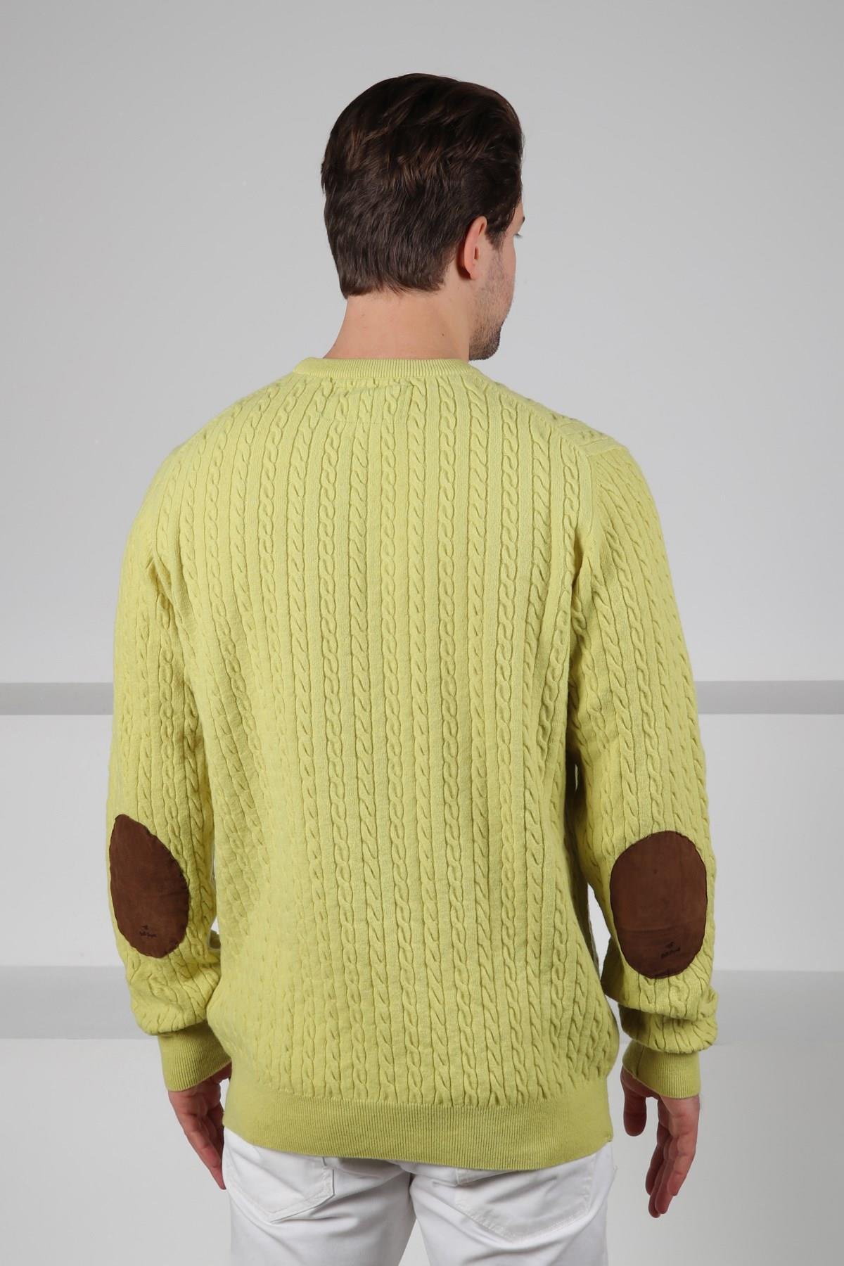 Ferraro Açık Yeşil Bisiklet Yaka Kabartmalı Saç Örgü Desenli Uzun Kollu %100 Kuzu Yünü Erkek Triko Kazak