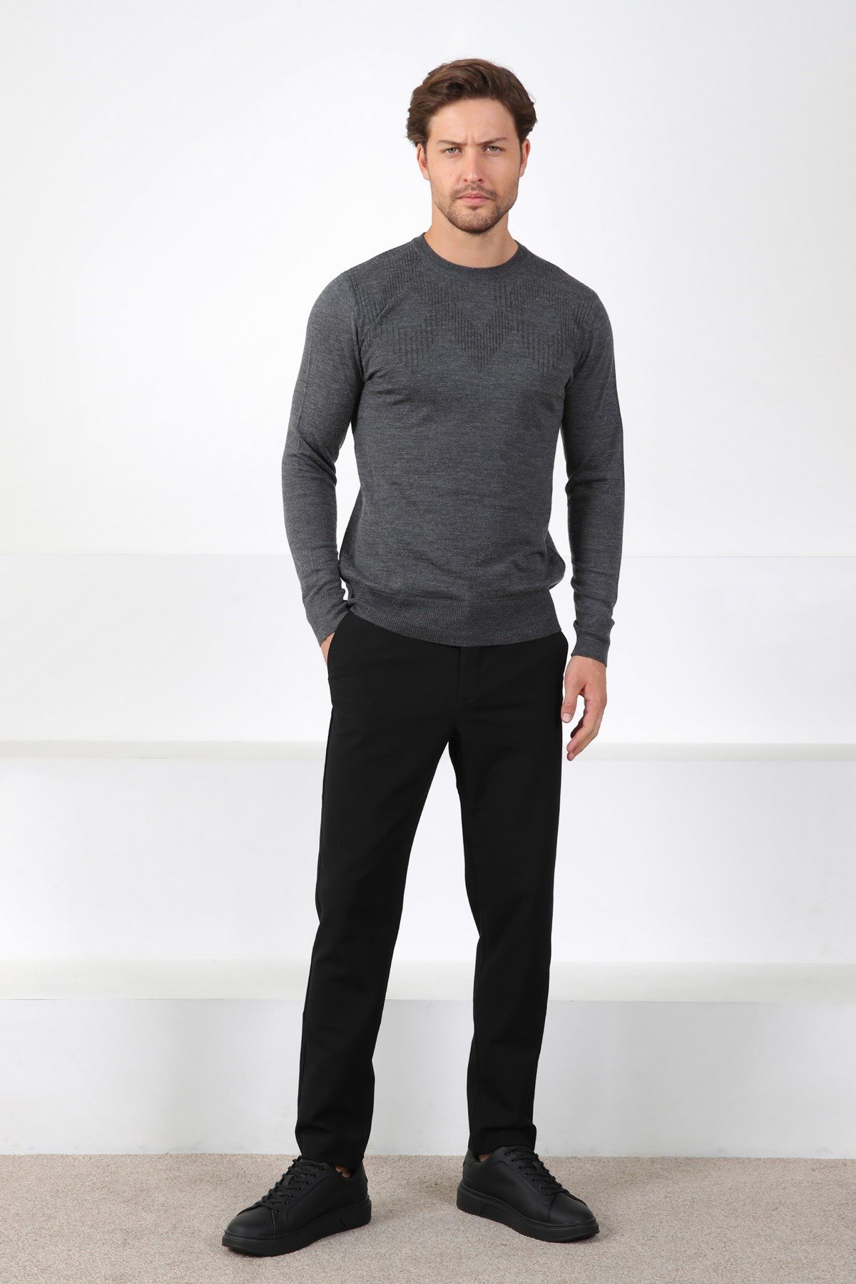 Ferraro Antrasit Bisiklet Yaka Superfine Erkek Triko Kazak