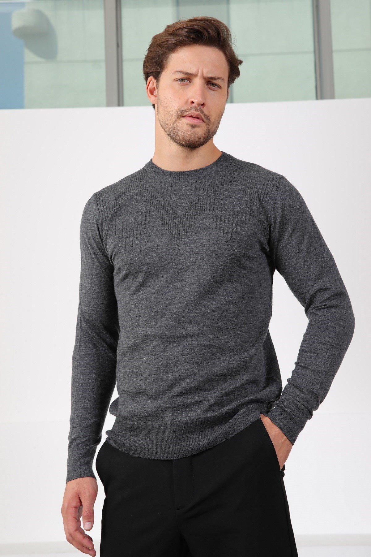 Ferraro Antrasit Bisiklet Yaka Superfine Erkek Triko Kazak
