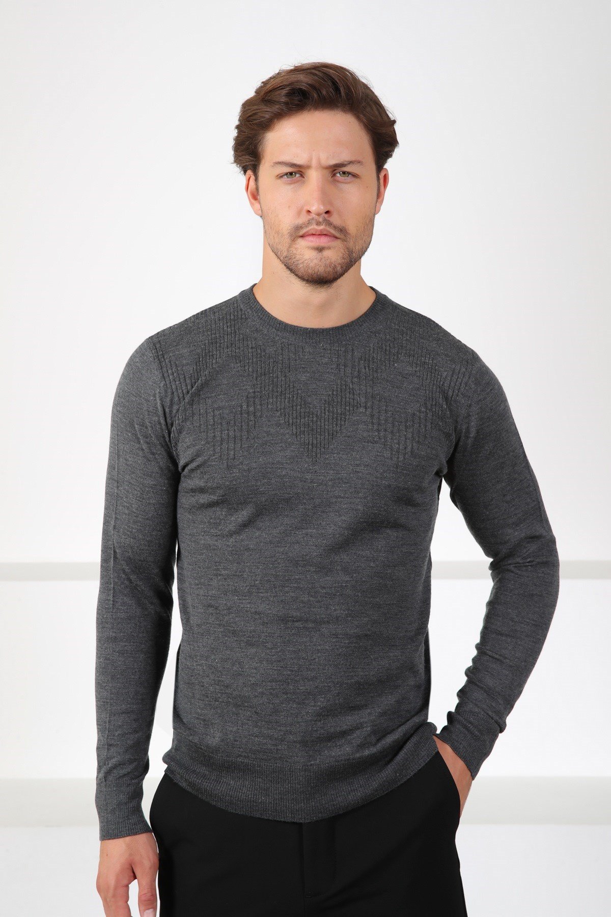 Ferraro Antrasit Bisiklet Yaka Superfine Erkek Triko Kazak