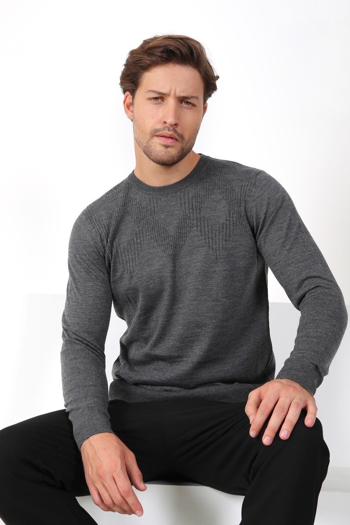 Ferraro Antrasit Bisiklet Yaka Superfine Erkek Triko Kazak