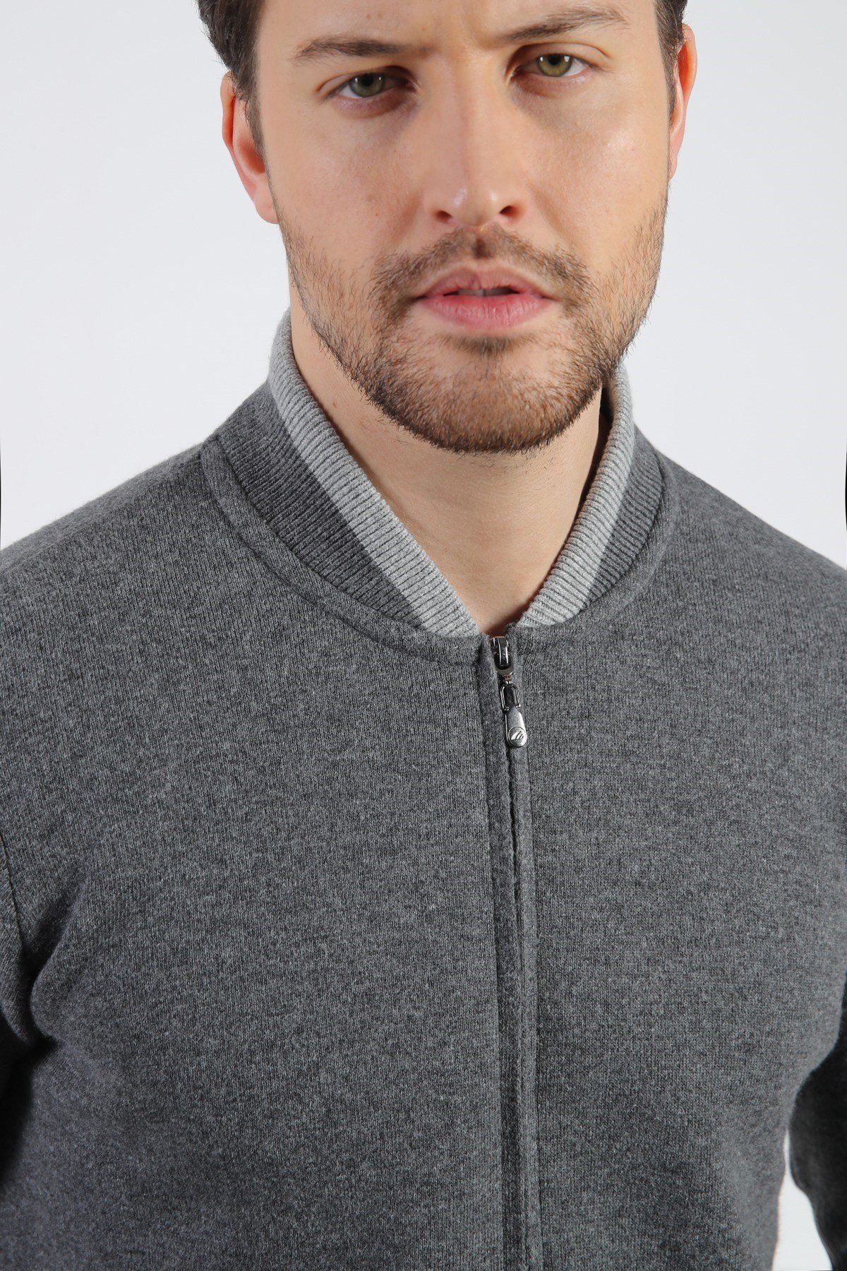 Ferraro Antrasit Bomber Yaka Kaşmirli Erkek Triko Hırka