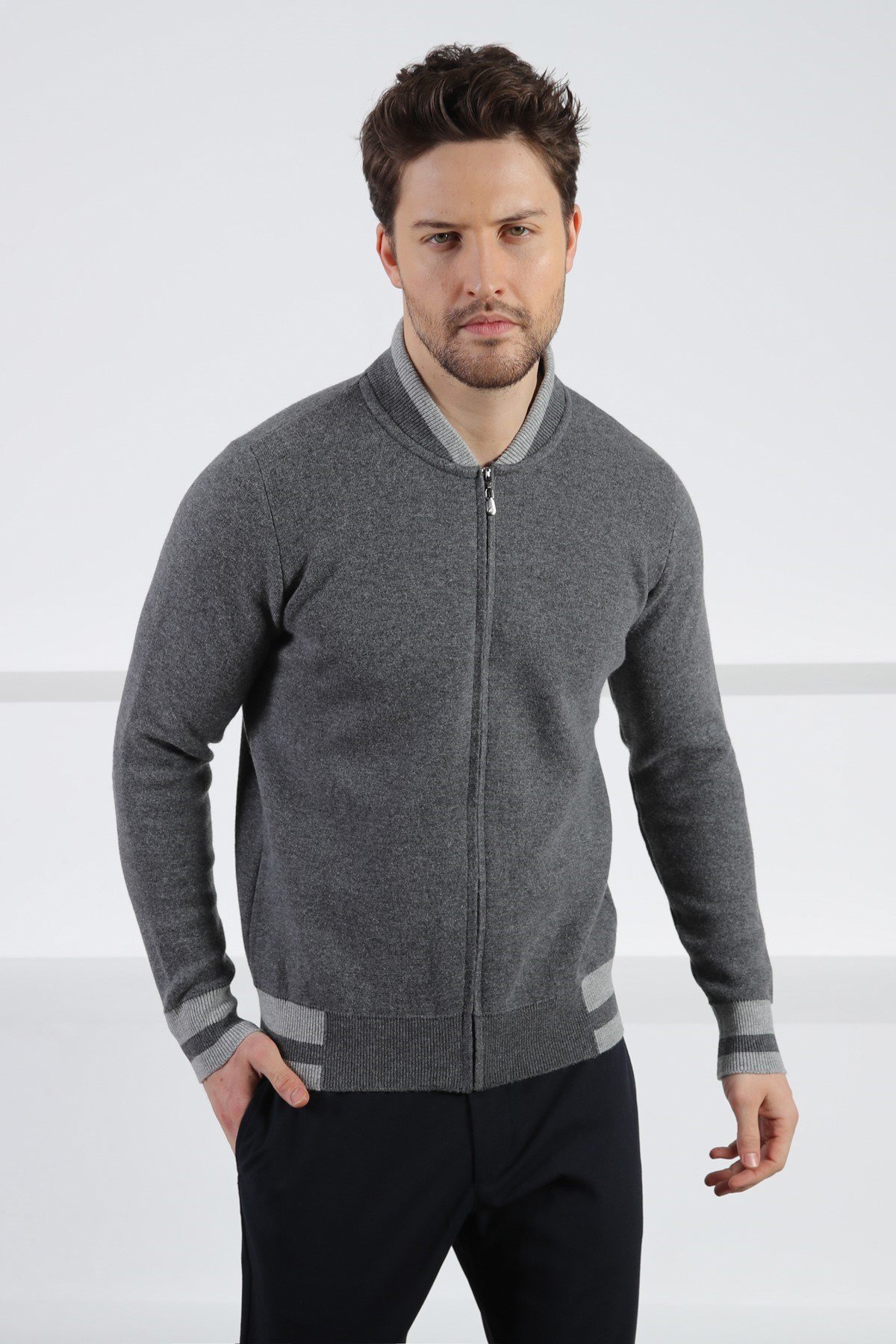 Ferraro Antrasit Bomber Yaka Kaşmirli Erkek Triko Hırka