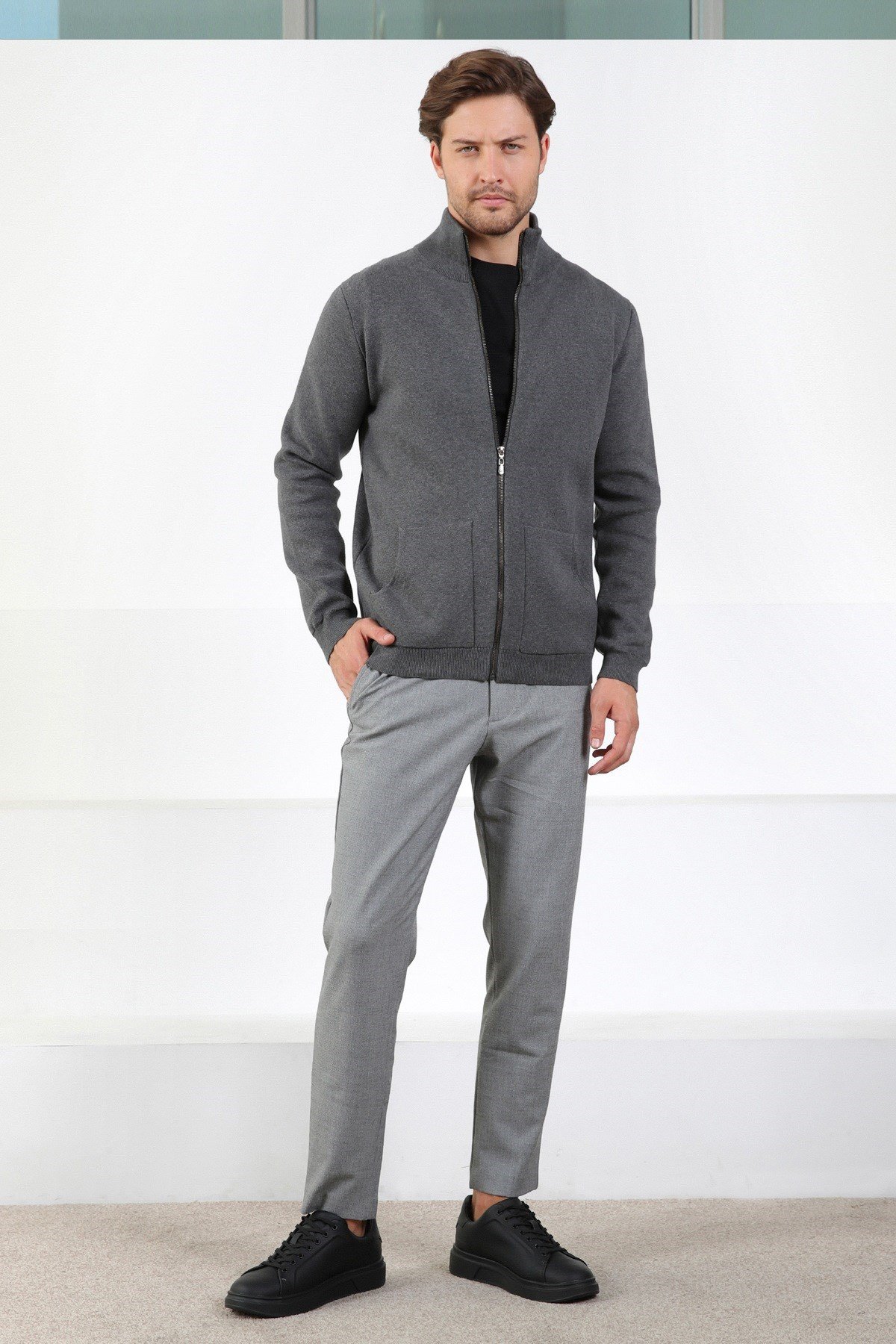 Ferraro Antrasit Çift Cep %100 Pamuk Erkek Triko Hırka