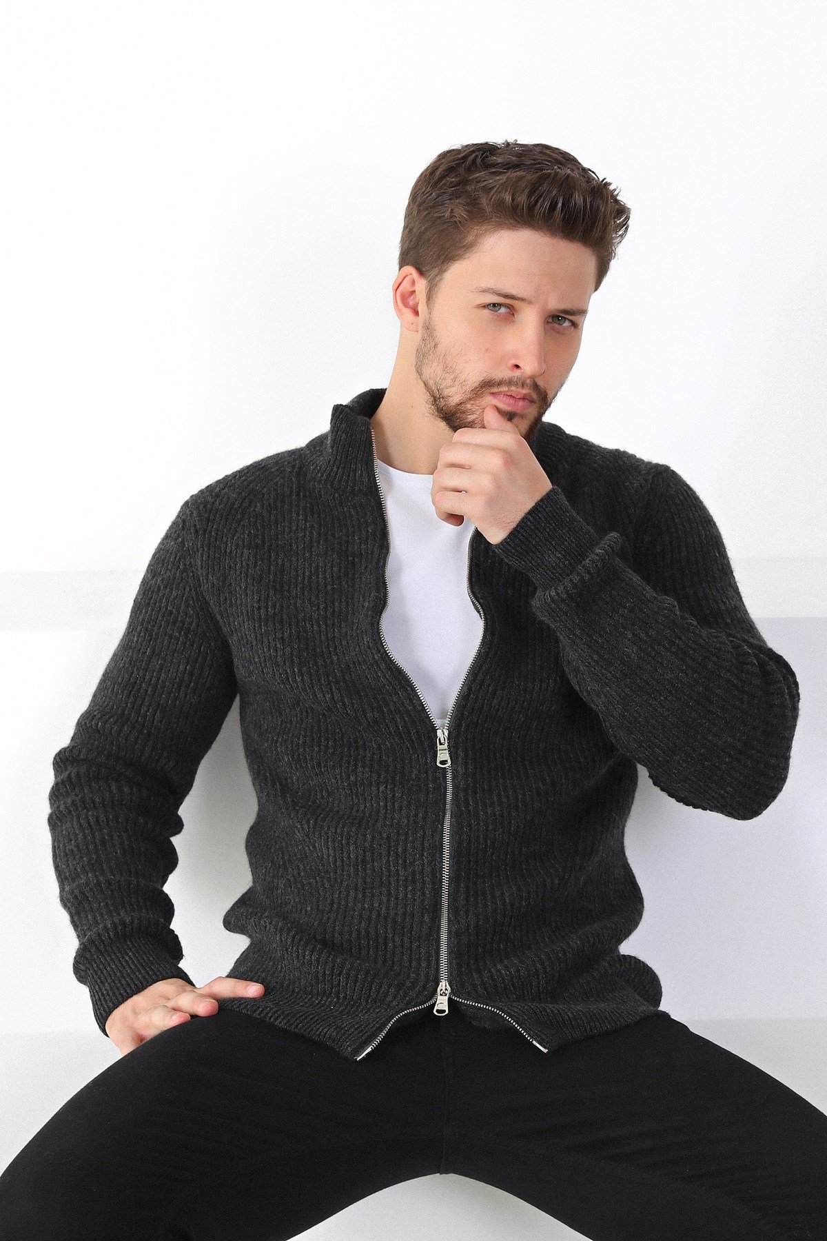 Ferraro Antrasit Çift Fermuarlı Erkek Triko Hırka