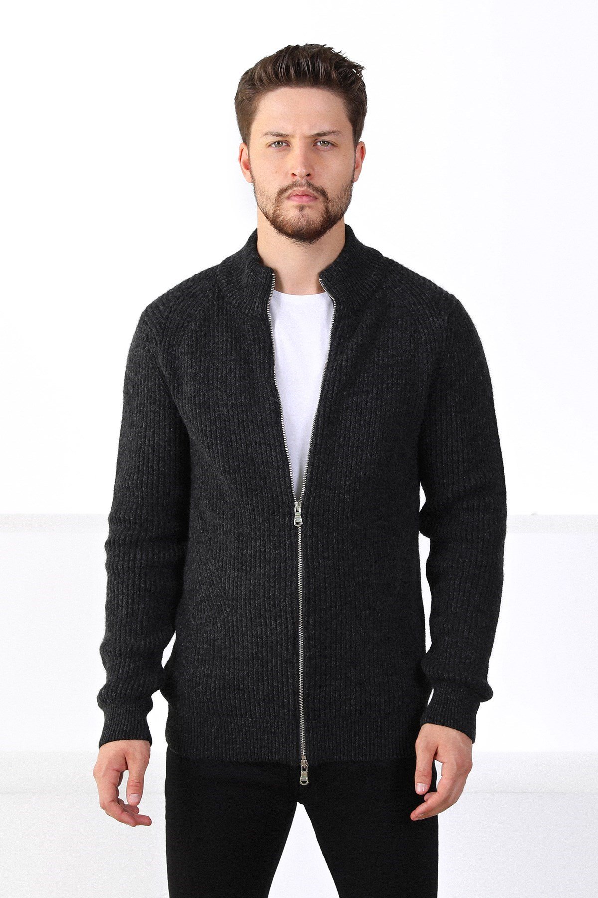 Ferraro Antrasit Çift Fermuarlı Erkek Triko Hırka