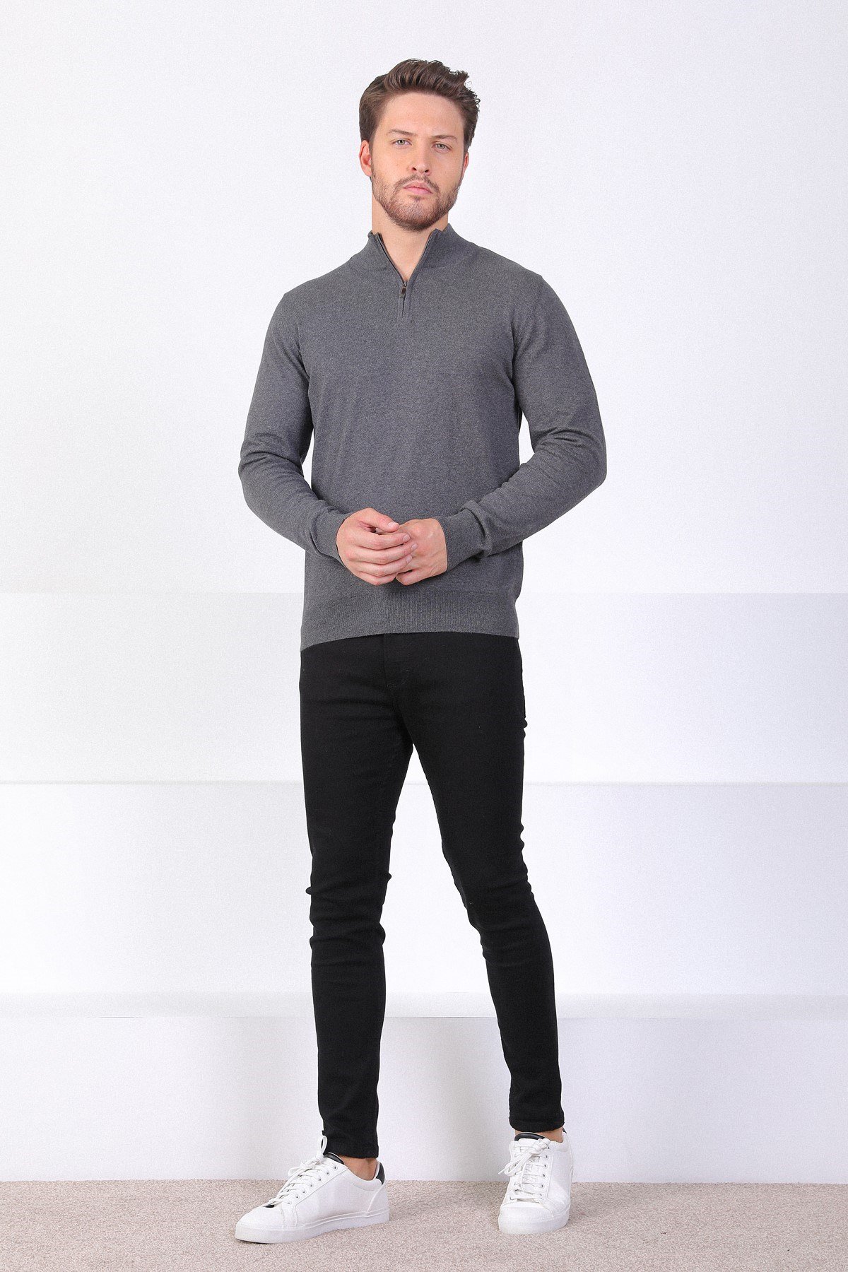 Ferraro Antrasit Dik Yaka Düz Renk Pamuk Erkek Kazak